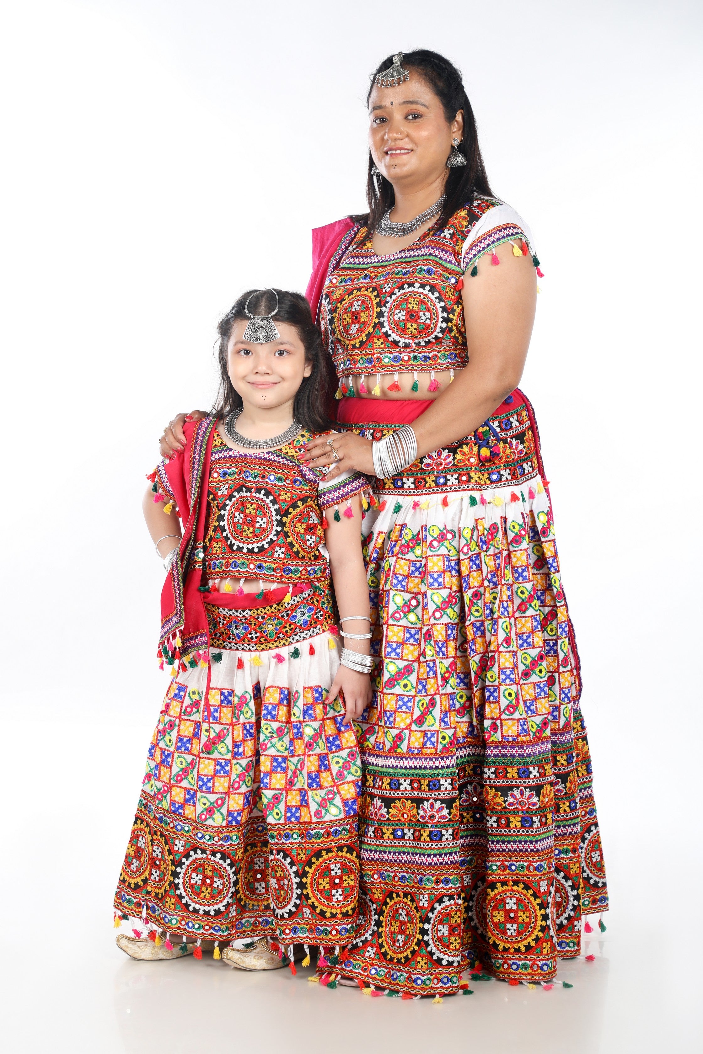 Mother-Daugther Combo Cotton Embroidered Lehenga Choli Set (BWR- Combo) - White