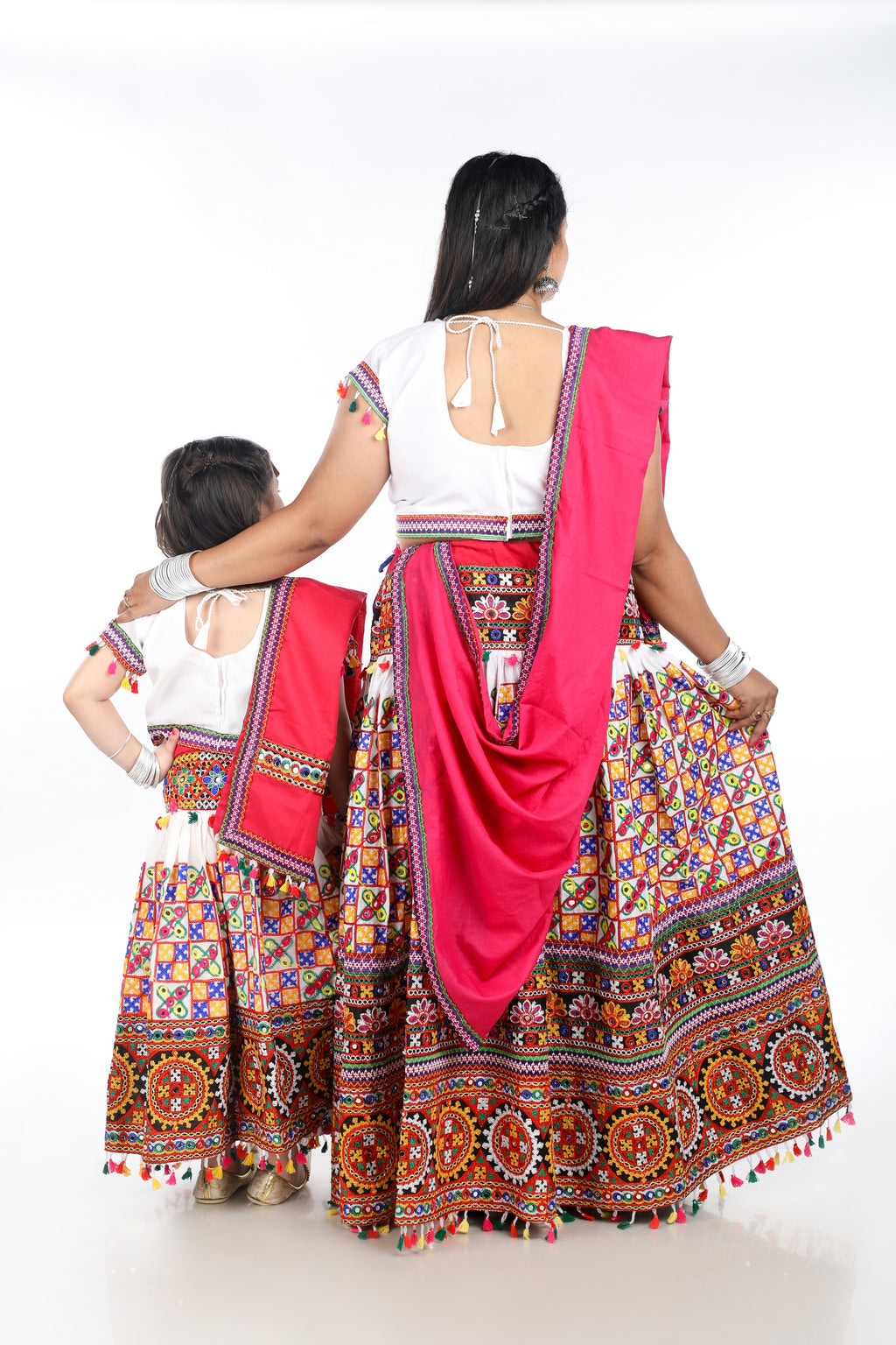 Mother-Daugther Combo Cotton Embroidered Lehenga Choli Set (BWR- Combo) - White