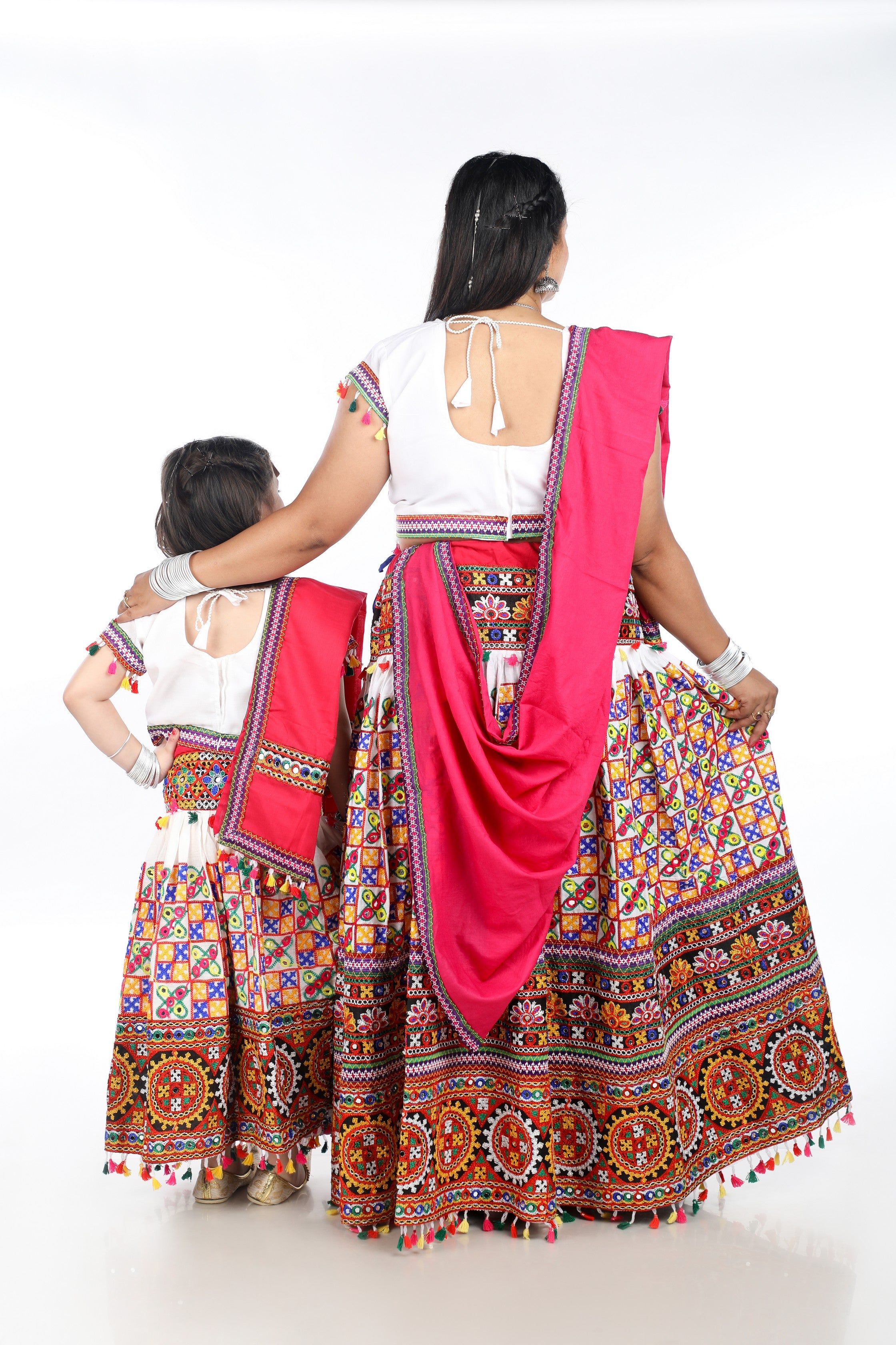 Mother-Daugther Combo Cotton Embroidered Lehenga Choli Set (BWR- Combo) - White