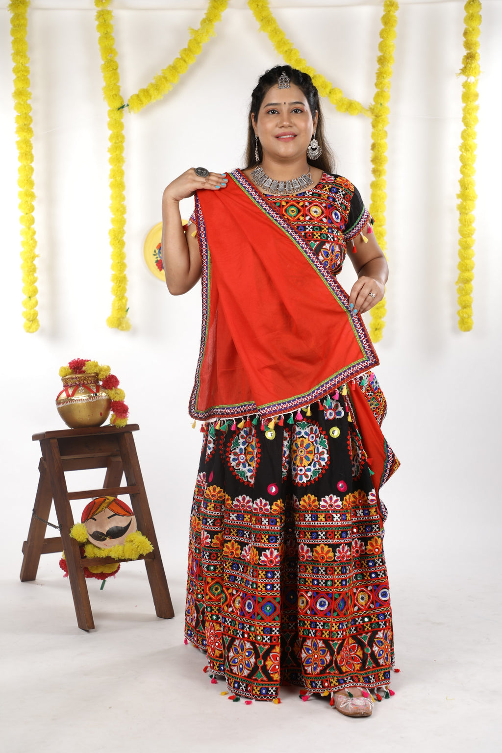 Mother-Daugther Combo Cotton Embroidered Lehenga Choli Set (RING- Combo) - Black