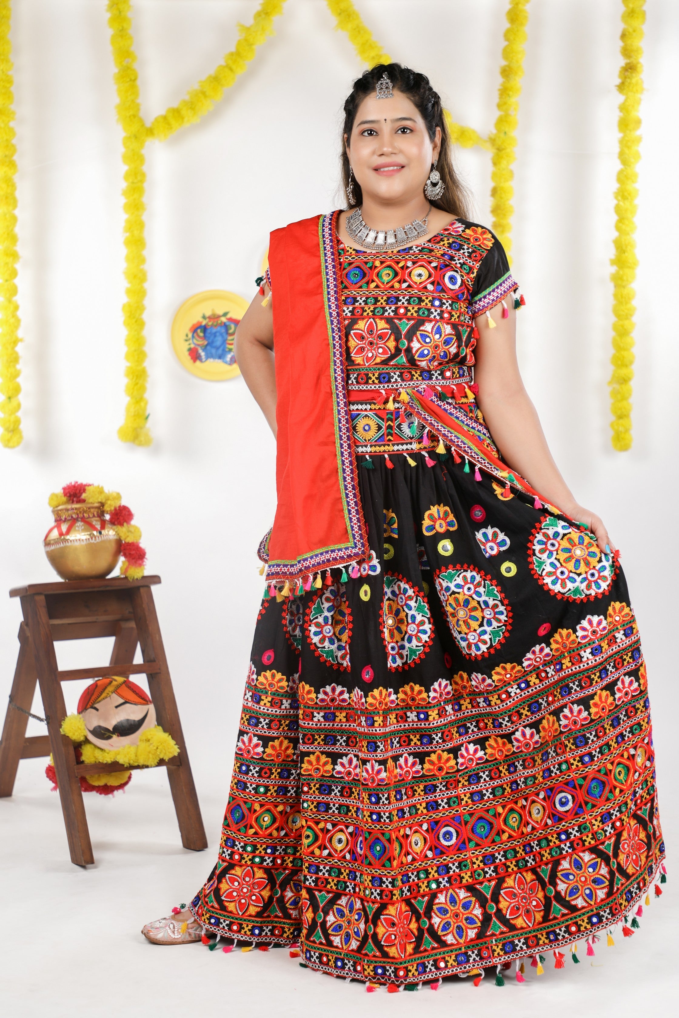 Banjara India Cotton Long Flair Aari Embroidery Kutch Work (Lehenga Choli) Chaniya Choli Set with Dupatta -(CC-RING-BLACK)