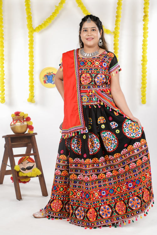 Banjara India Cotton Long Flair Aari Embroidery Kutch Work (Lehenga Choli) Chaniya Choli Set with Dupatta -(CC-RING-BLACK)