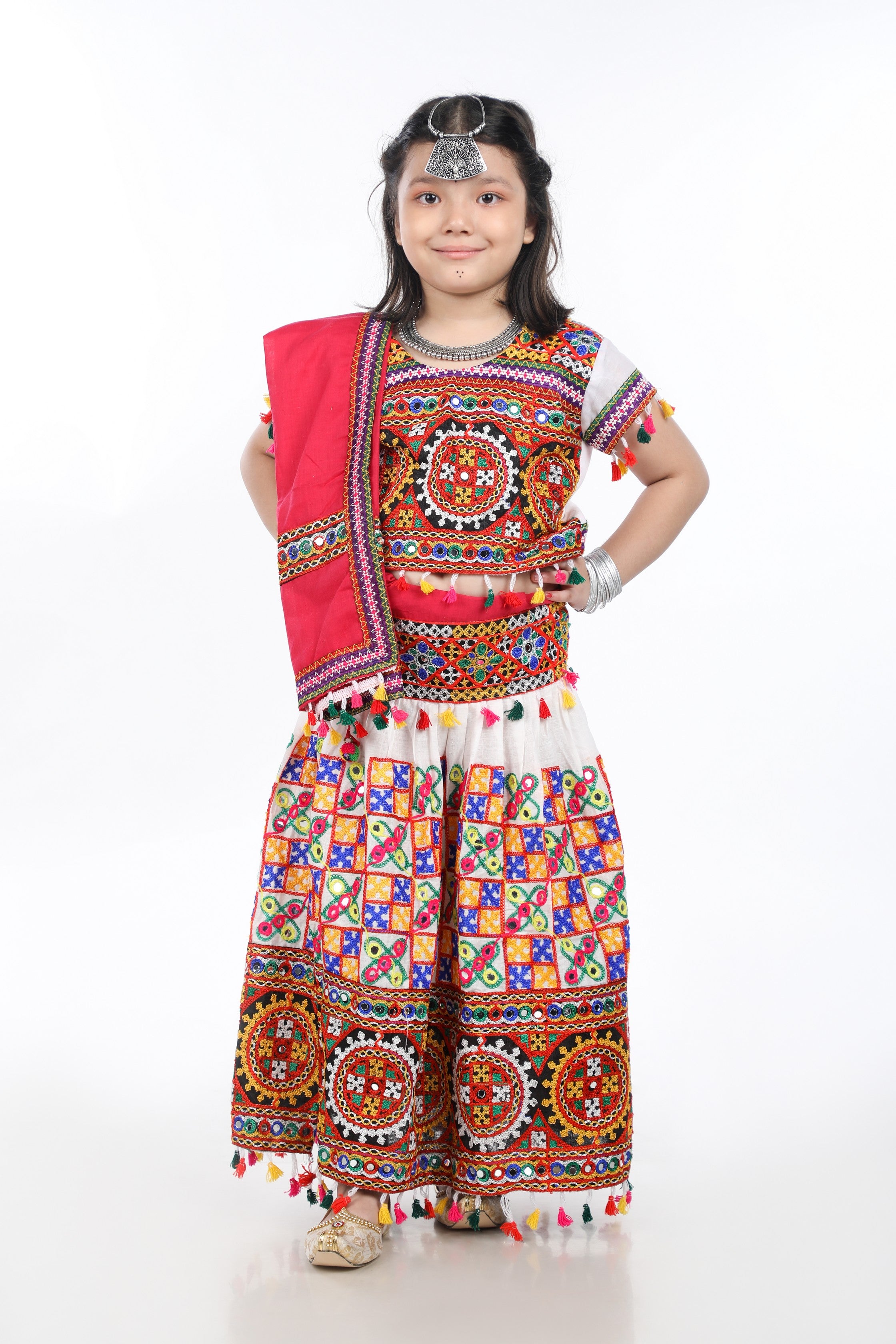 Banjara India Kutchi Embroidered Girls Chaniya Choli with Dupatta (CC1-BWR) - White