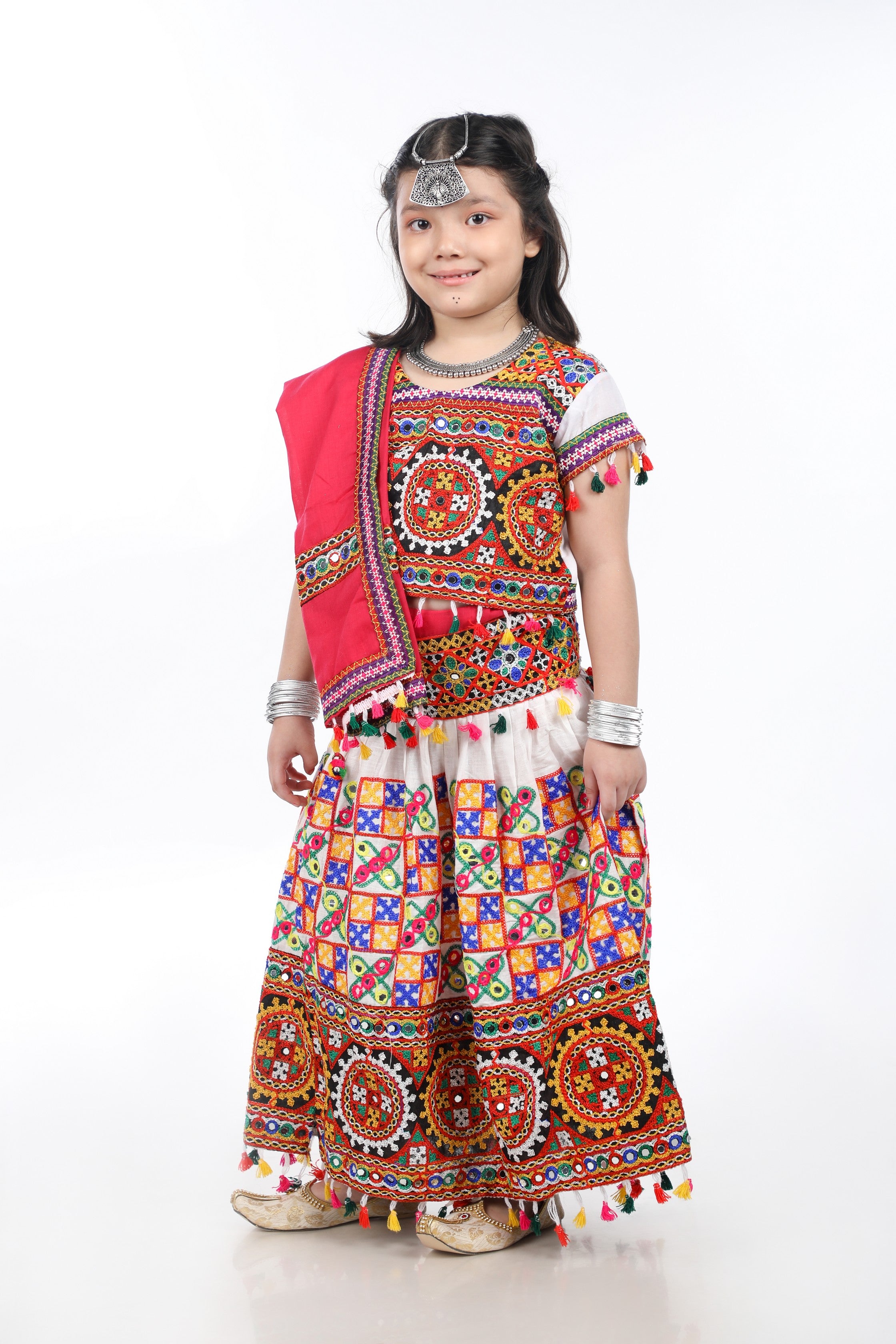 Banjara India Kutchi Embroidered Girls Chaniya Choli with Dupatta (CC1-BWR) - White