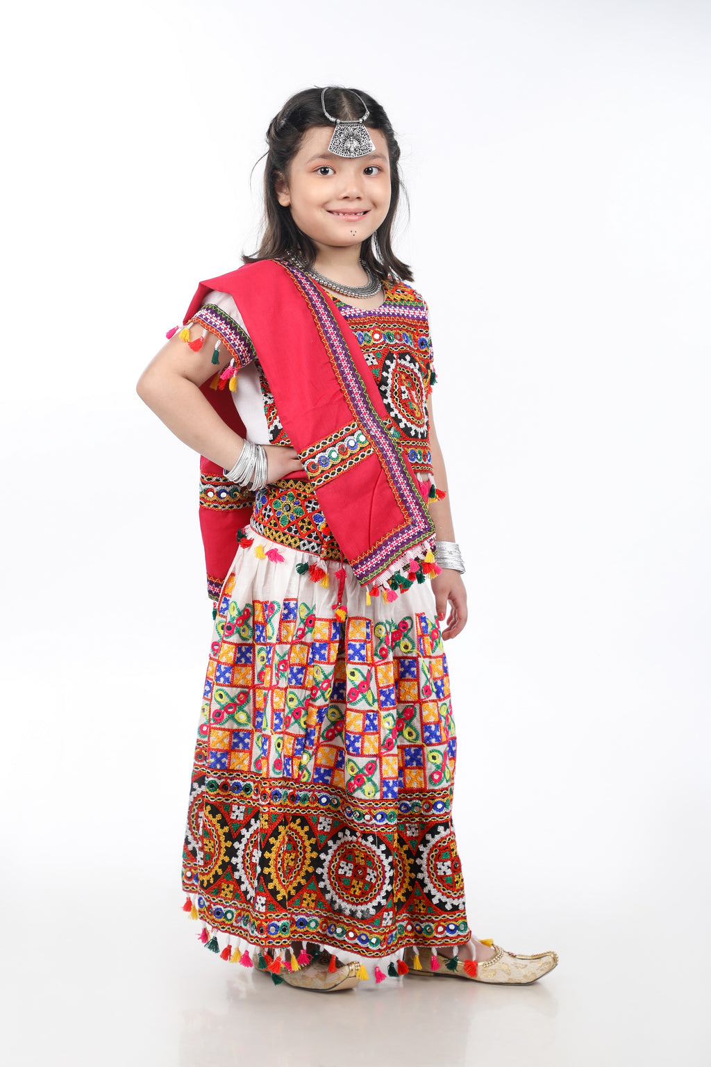 Banjara India Kutchi Embroidered Girls Chaniya Choli with Dupatta (CC1-BWR) - White