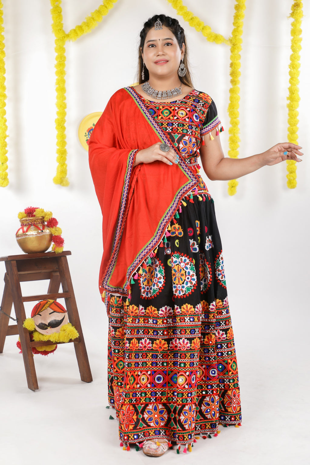 Banjara India Cotton Long Flair Aari Embroidery Kutch Work (Lehenga Choli) Chaniya Choli Set with Dupatta -(CC-RING-BLACK)