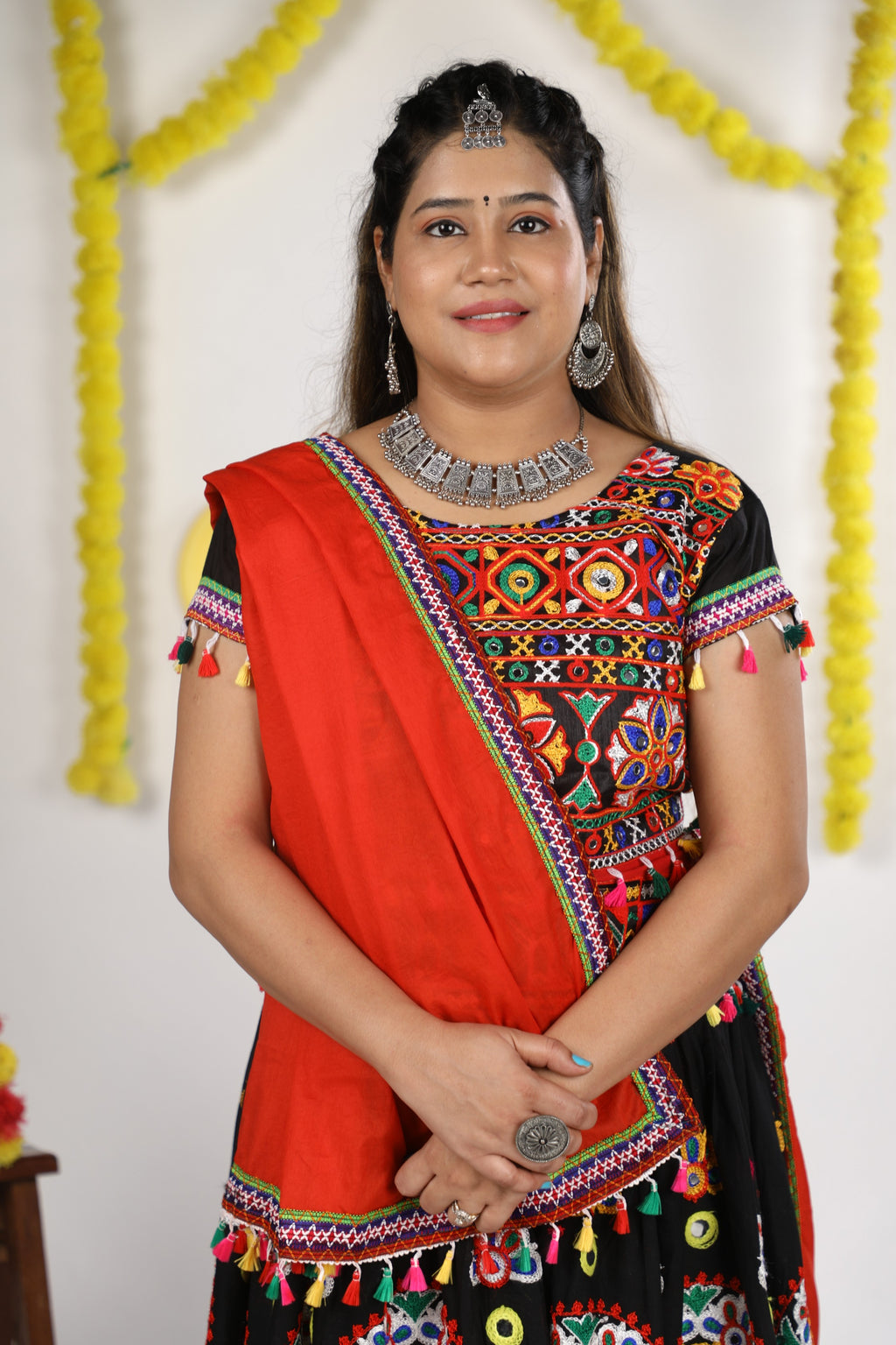 Mother-Daugther Combo Cotton Embroidered Lehenga Choli Set (RING- Combo) - Black
