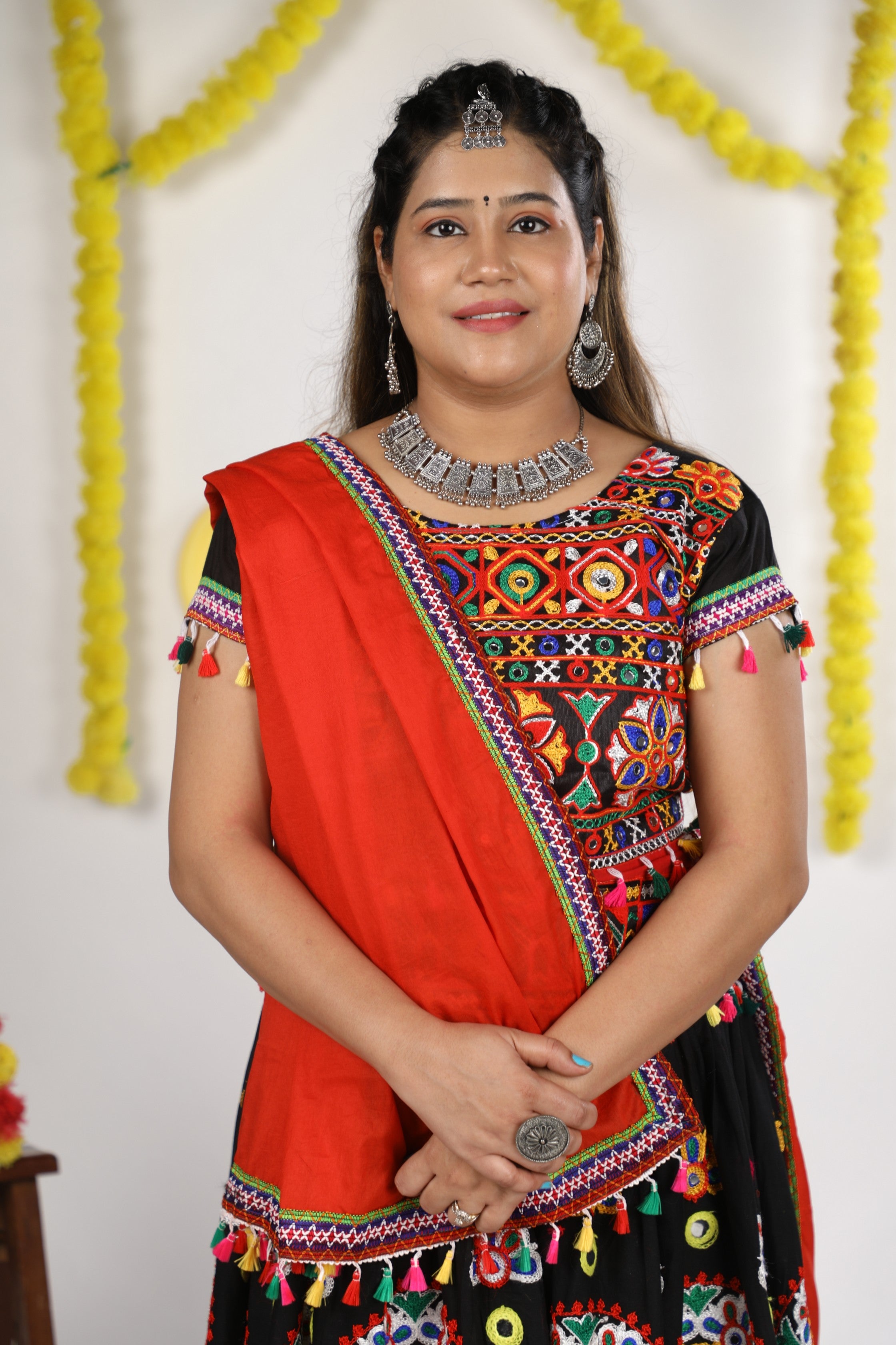 Mother-Daugther Combo Cotton Embroidered Lehenga Choli Set (RING- Combo) - Black