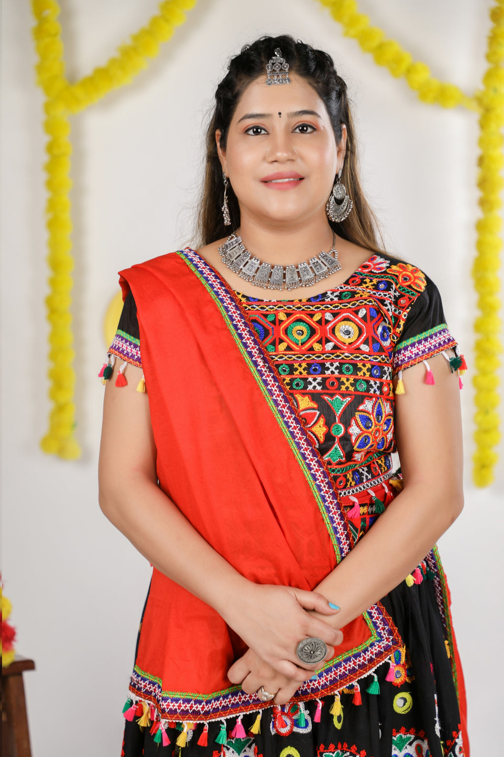 Banjara India Cotton Long Flair Aari Embroidery Kutch Work (Lehenga Choli) Chaniya Choli Set with Dupatta -(CC-RING-BLACK)