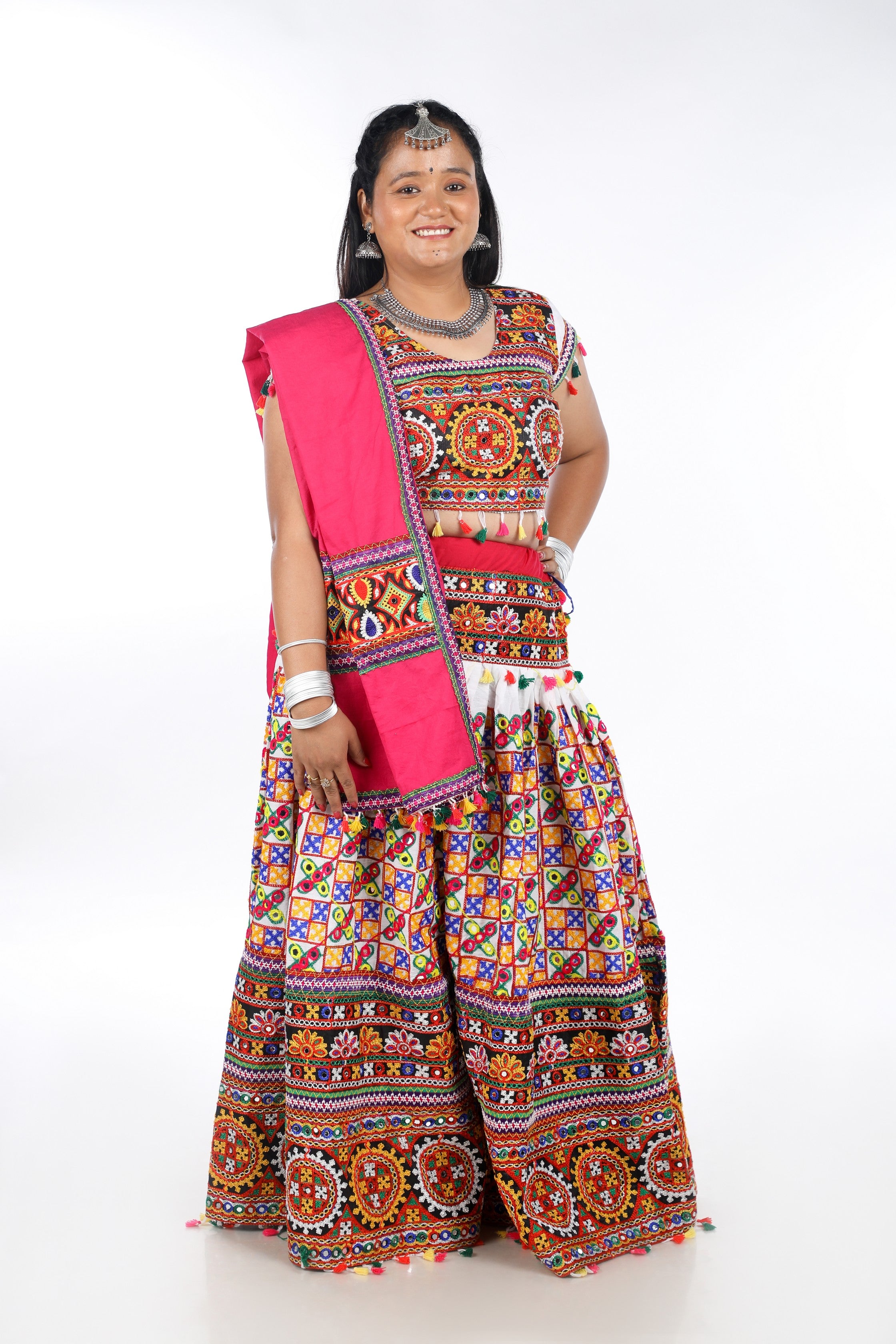 Banjara India Cotton Long Flair Aari Embroidery Kutch Work (Lehenga Choli) Chaniya Choli Set with Dupatta -(CC-BWR-White)
