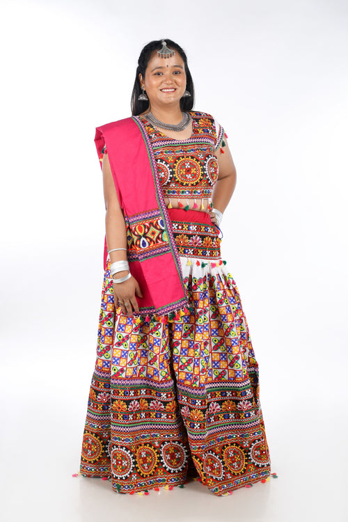 Banjara India Cotton Long Flair Aari Embroidery Kutch Work (Lehenga Choli) Chaniya Choli Set with Dupatta -(CC-BWR-White)
