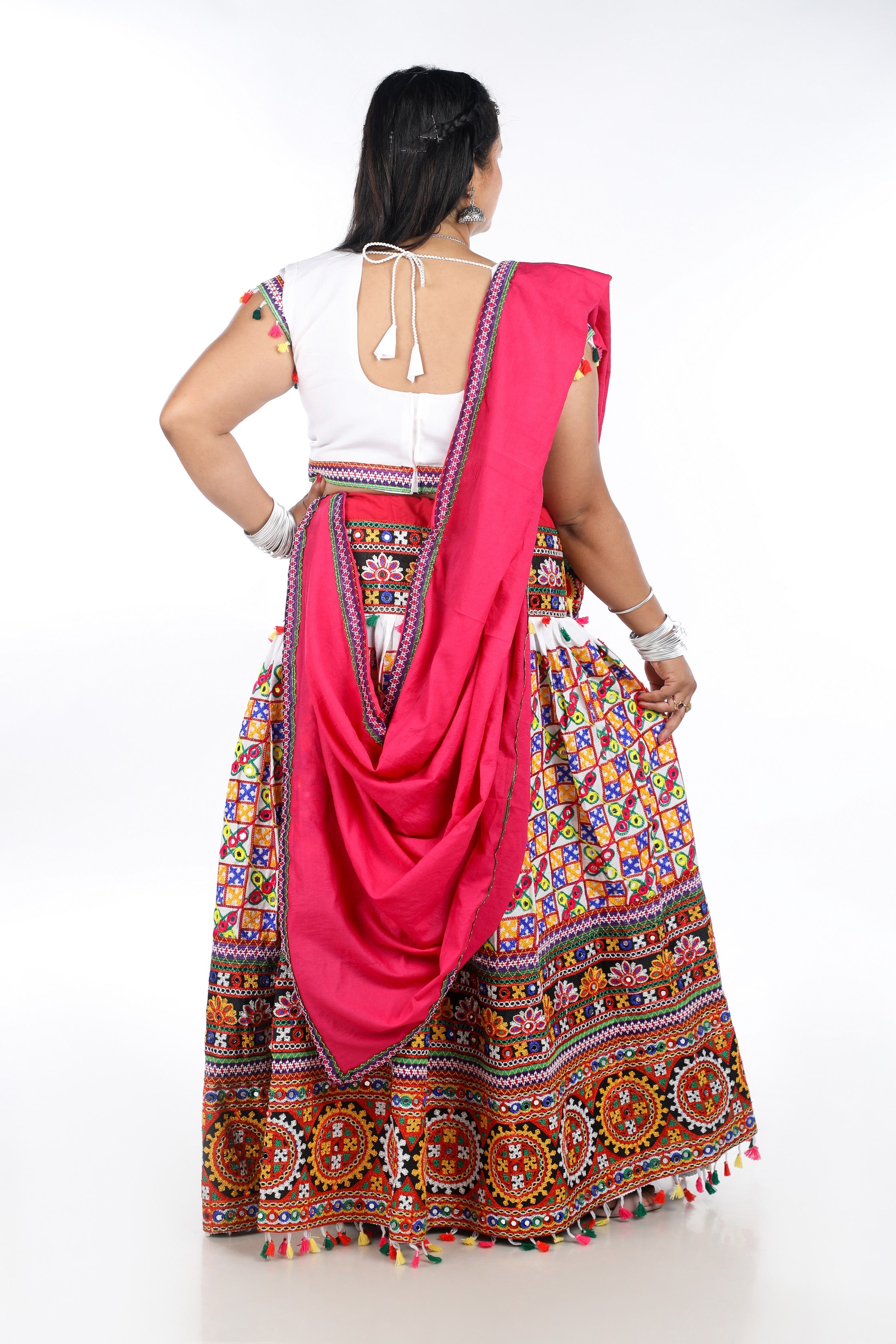 Banjara India Cotton Long Flair Aari Embroidery Kutch Work (Lehenga Choli) Chaniya Choli Set with Dupatta -(CC-BWR-White)