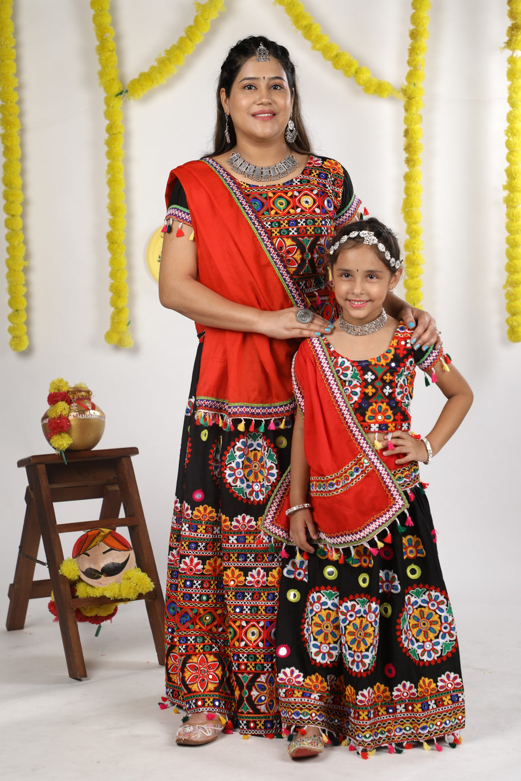 Mother-Daugther Combo Cotton Embroidered Lehenga Choli Set (RING- Combo) - Black