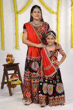 Mother-Daugther Combo Cotton Embroidered Lehenga Choli Set (RING- Combo) - Black