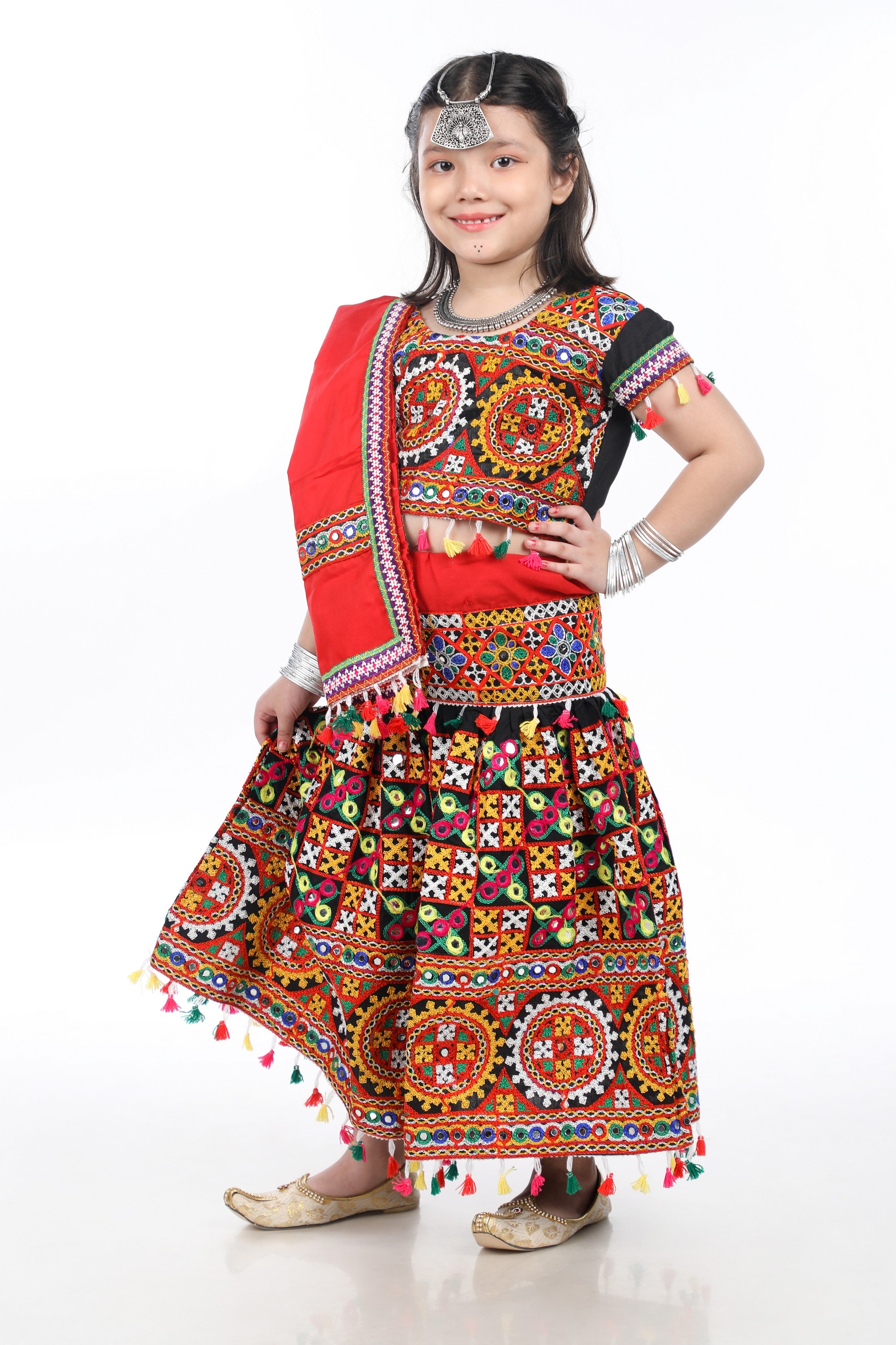 Banjara India Kutchi Embroidered Girls Chaniya Choli with Dupatta (CC1-BWR) - Black