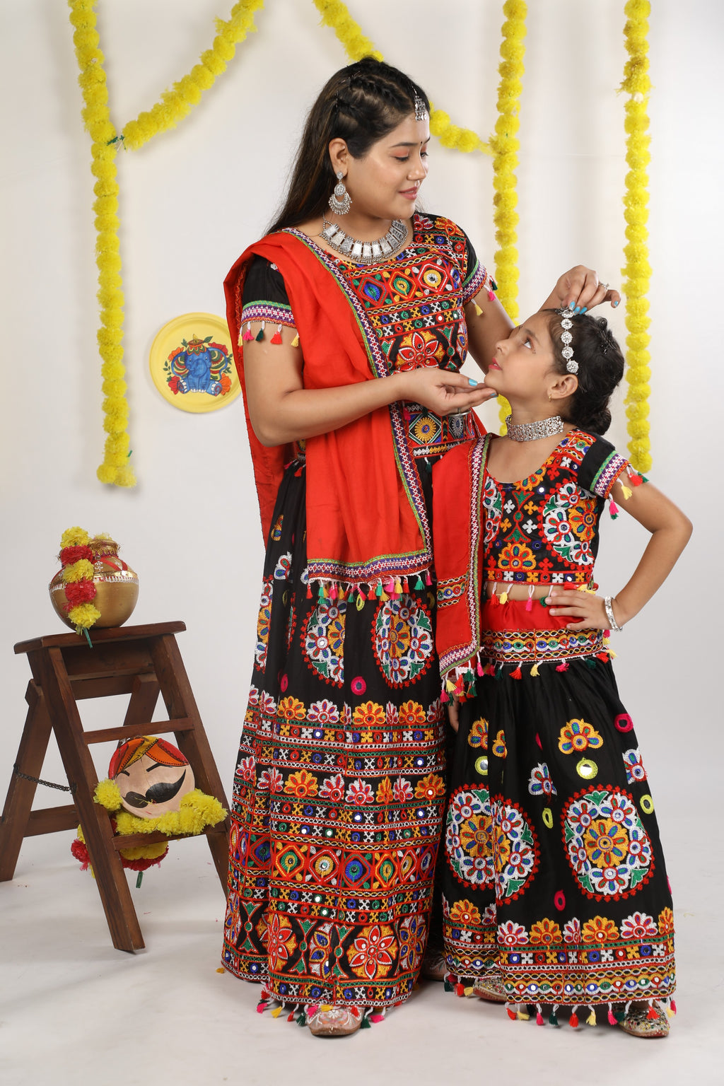 Mother-Daugther Combo Cotton Embroidered Lehenga Choli Set (RING- Combo) - Black