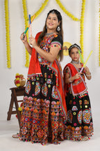 Mother-Daugther Combo Cotton Embroidered Lehenga Choli Set (RING- Combo) - Black