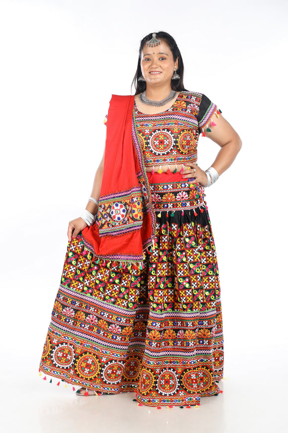 Banjara India Cotton Long Flair Aari Embroidery Kutch Work (Lehenga Choli) Chaniya Choli Set with Dupatta -(CC-BWR-BLACK)