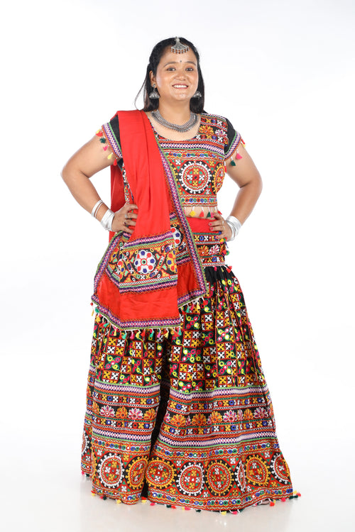 Banjara India Cotton Long Flair Aari Embroidery Kutch Work (Lehenga Choli) Chaniya Choli Set with Dupatta -(CC-BWR-BLACK)