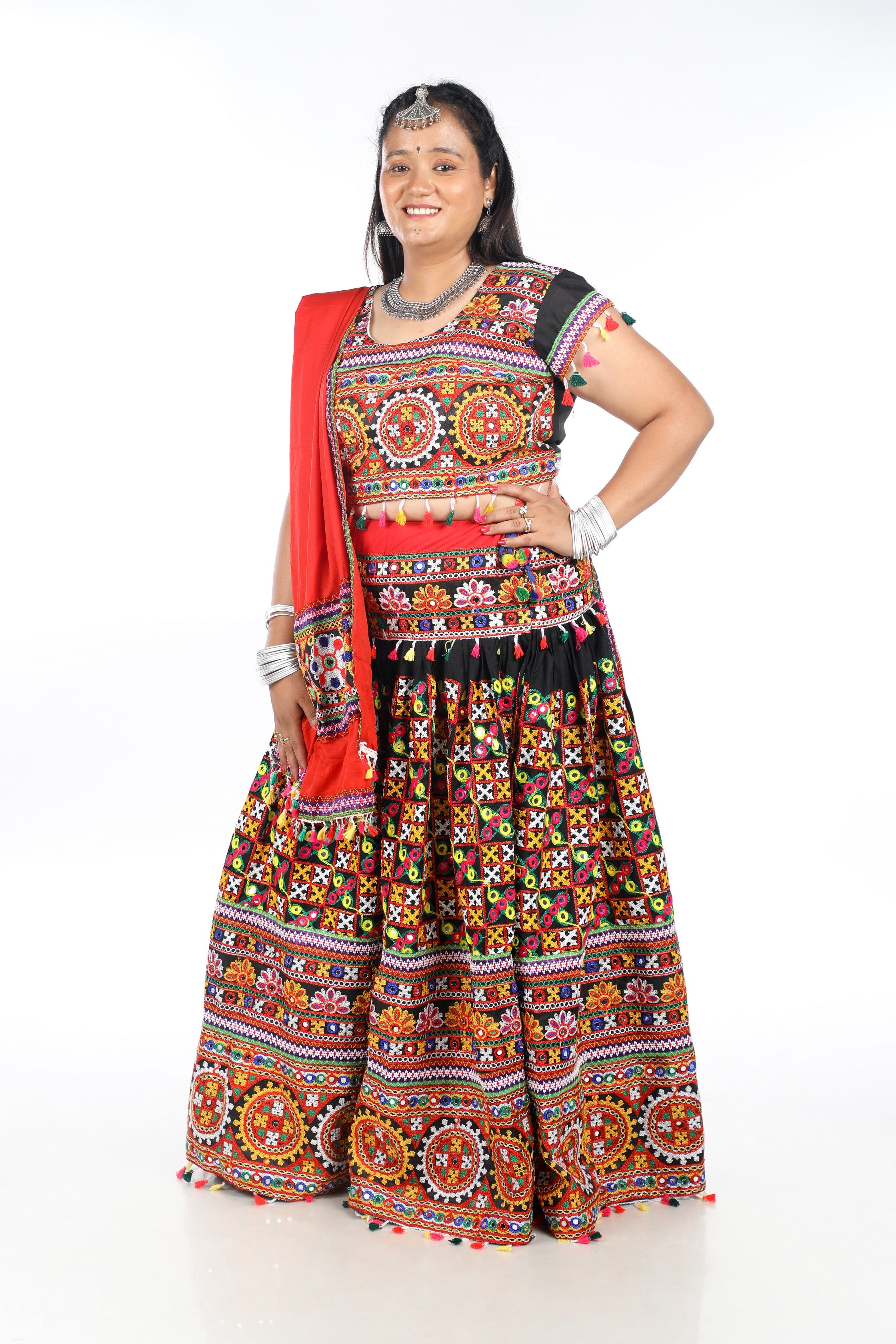 Banjara India Cotton Long Flair Aari Embroidery Kutch Work (Lehenga Choli) Chaniya Choli Set with Dupatta -(CC-BWR-Black