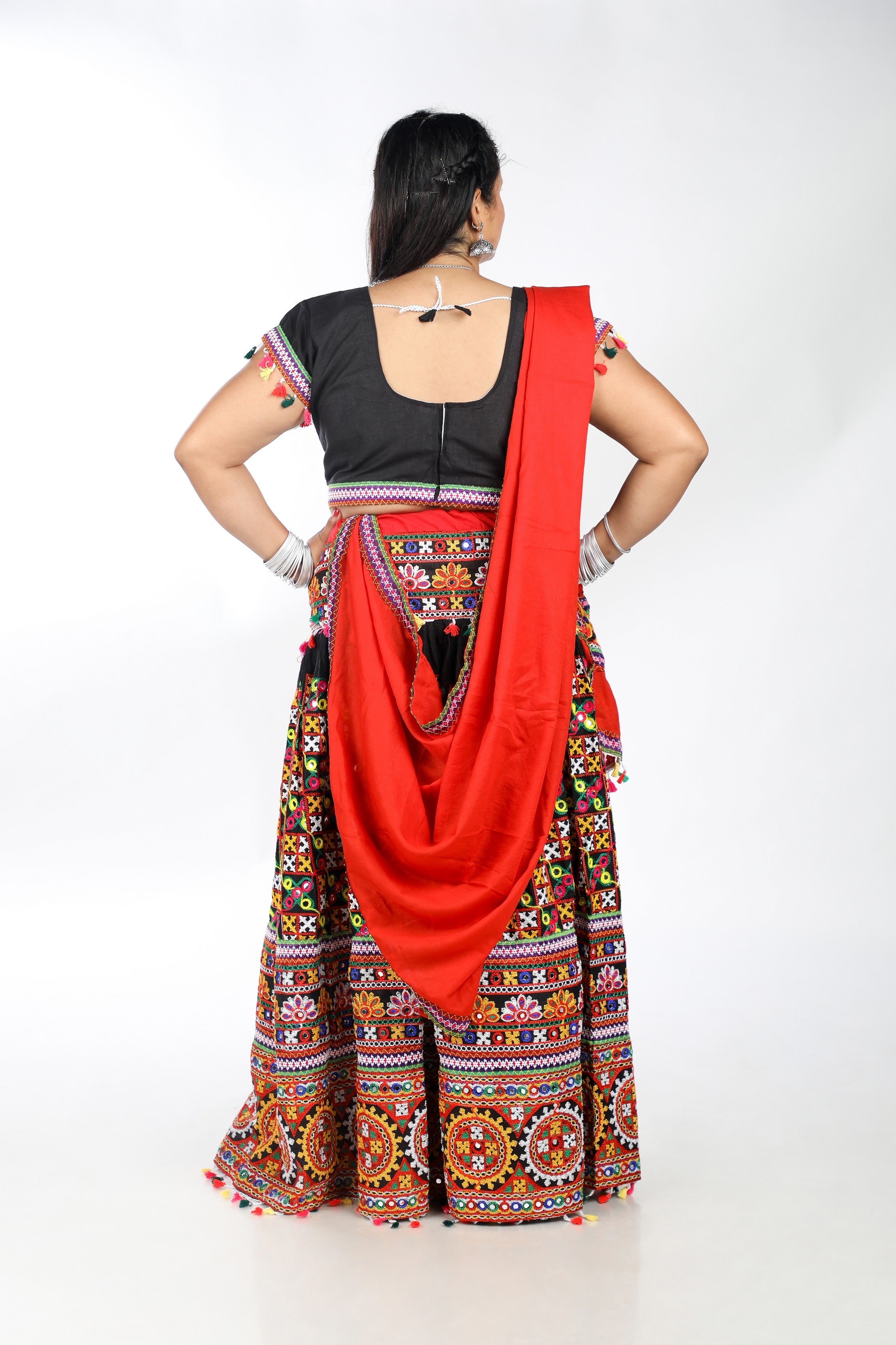 Banjara India Cotton Long Flair Aari Embroidery Kutch Work (Lehenga Choli) Chaniya Choli Set with Dupatta -(CC-BWR-Black