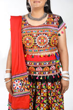 Banjara India Cotton Long Flair Aari Embroidery Kutch Work (Lehenga Choli) Chaniya Choli Set with Dupatta -(CC-BWR-Black