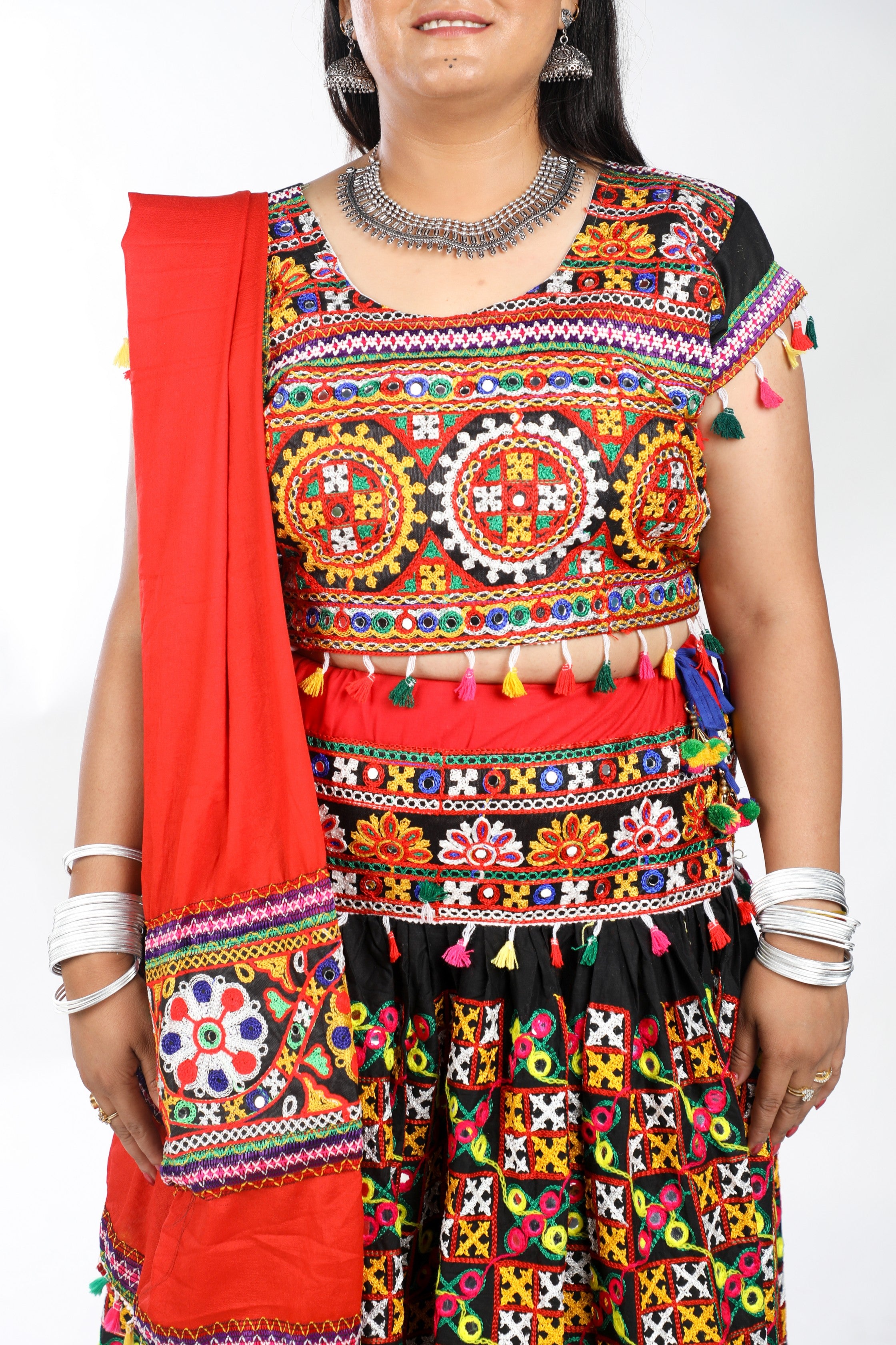 Banjara India Cotton Long Flair Aari Embroidery Kutch Work (Lehenga Choli) Chaniya Choli Set with Dupatta -(CC-BWR-Black