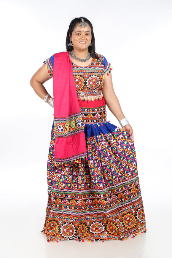 Banjara India Cotton Long Flair Aari Embroidery Kutch Work (Lehenga Choli) Chaniya Choli Set with Dupatta -(CC-BWR-Blue