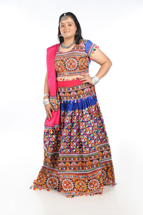 Banjara India Cotton Long Flair Aari Embroidery Kutch Work (Lehenga Choli) Chaniya Choli Set with Dupatta -(CC-BWR-Blue