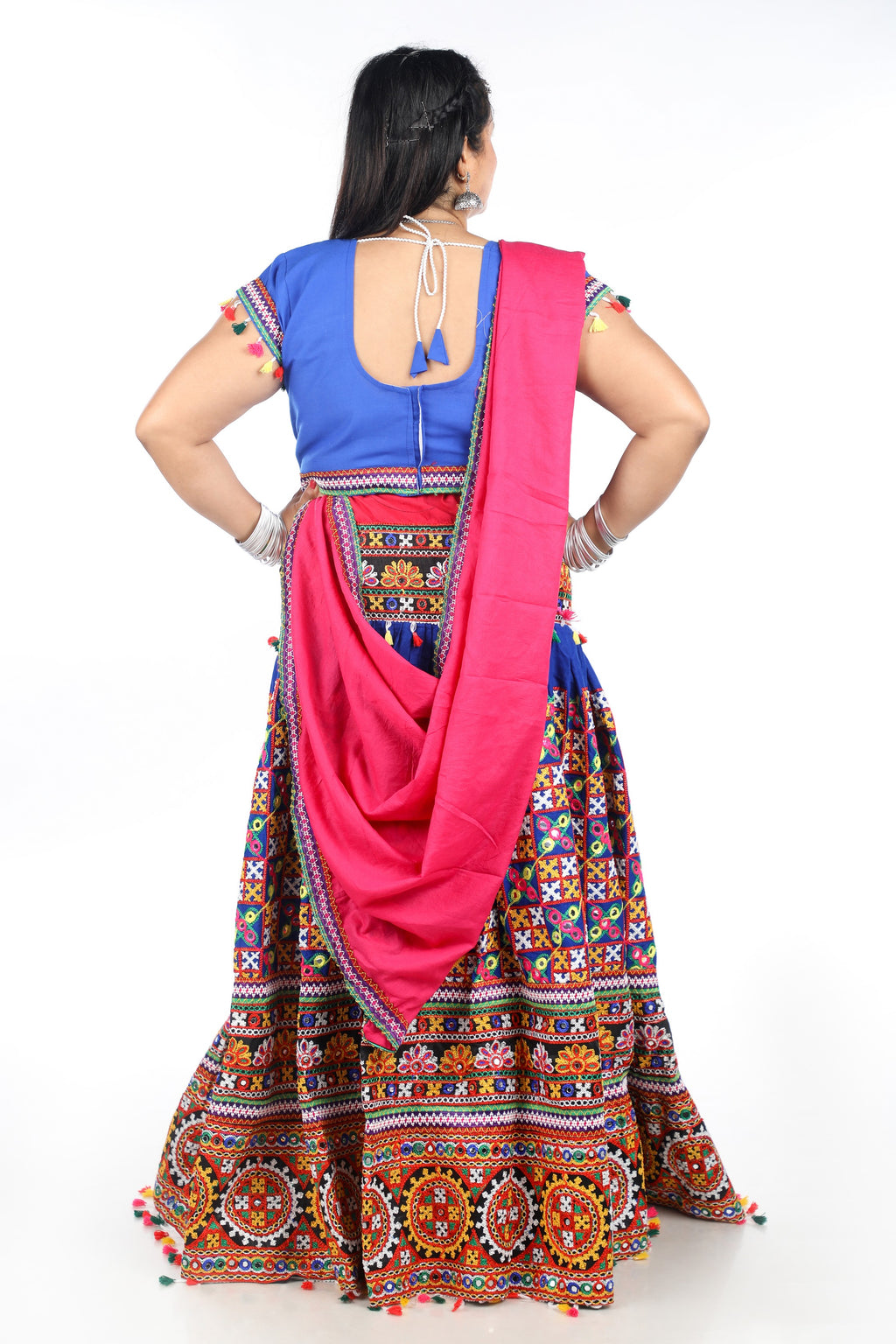 Banjara India Cotton Long Flair Aari Embroidery Kutch Work (Lehenga Choli) Chaniya Choli Set with Dupatta -(CC-BWR-Blue