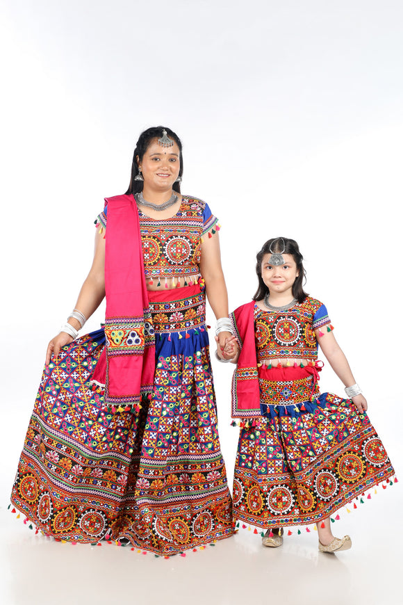 Mother-Daugther Combo Cotton Embroidered Lehenga Choli Set (BWR- Combo) - Blue