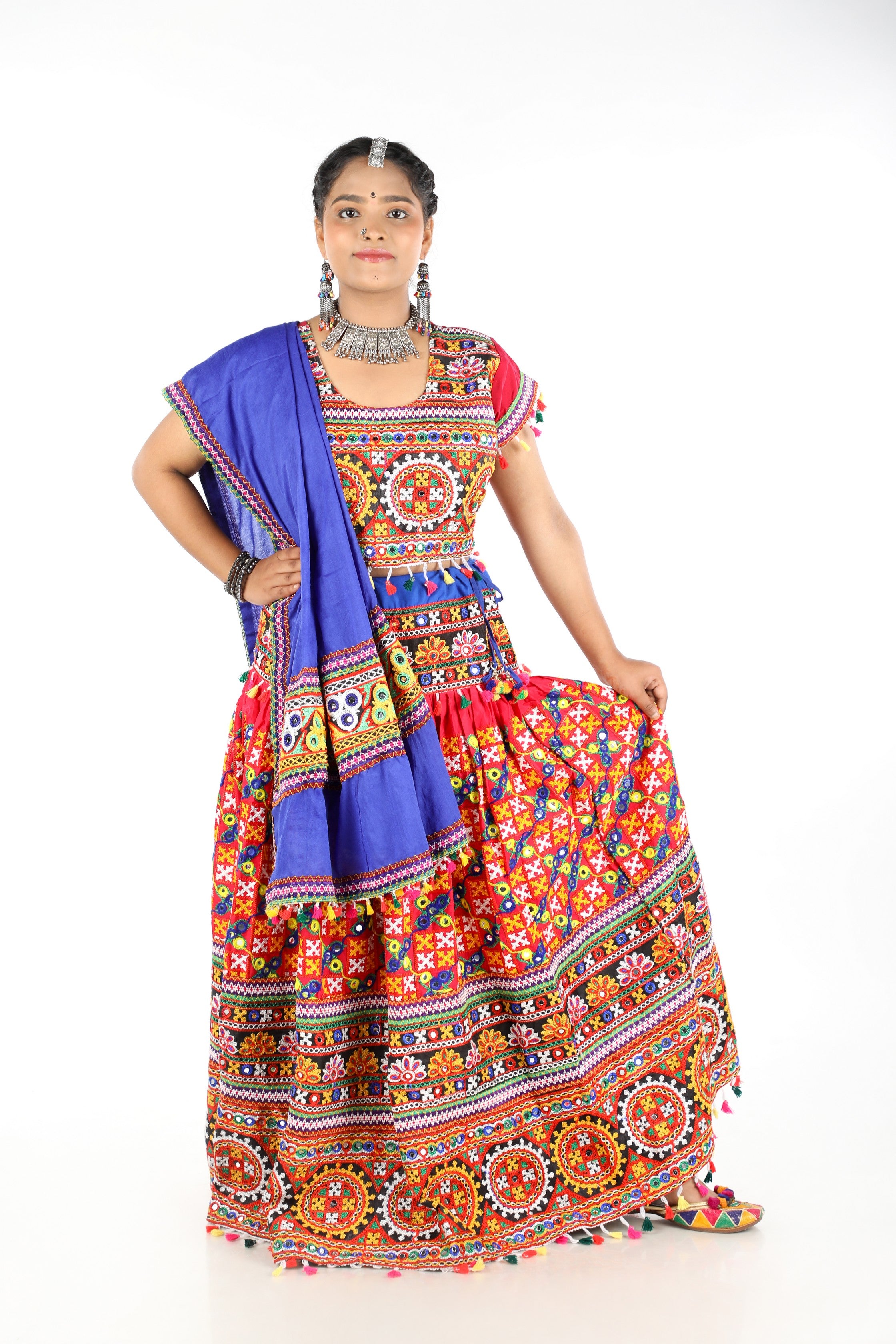 Banjara India Cotton Long Flair Aari Embroidery Kutch Work (Lehenga Choli) Chaniya Choli Set with Dupatta -(CC-BWR-Pink)