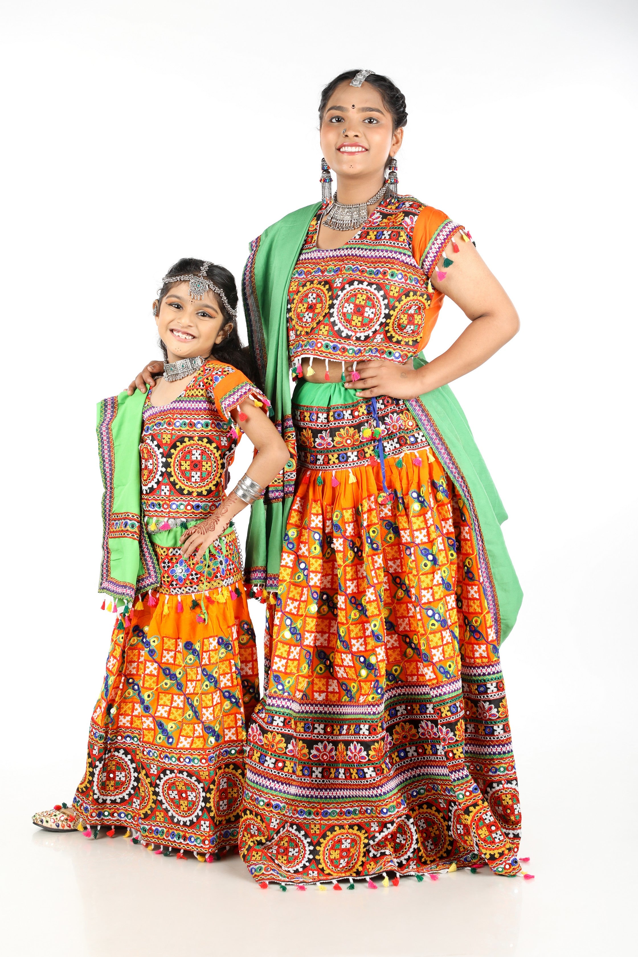 Mother-Daugther Combo Cotton Embroidered Lehenga Choli Set (BWR- Combo) - Orange