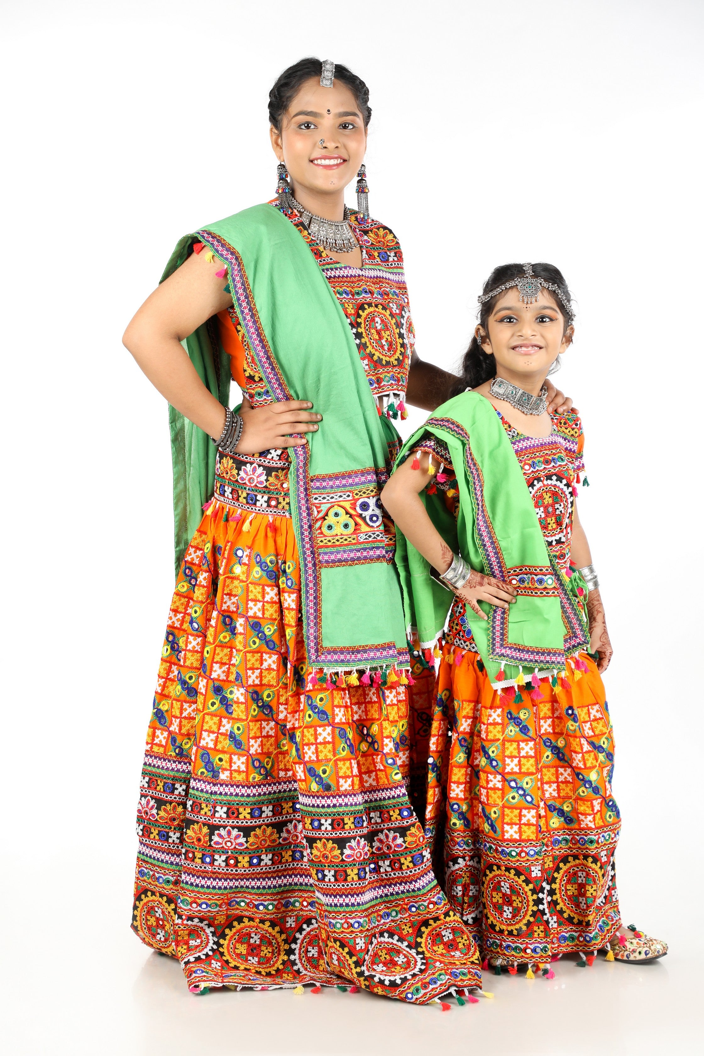 Mother-Daugther Combo Cotton Embroidered Lehenga Choli Set (BWR- Combo) - Orange