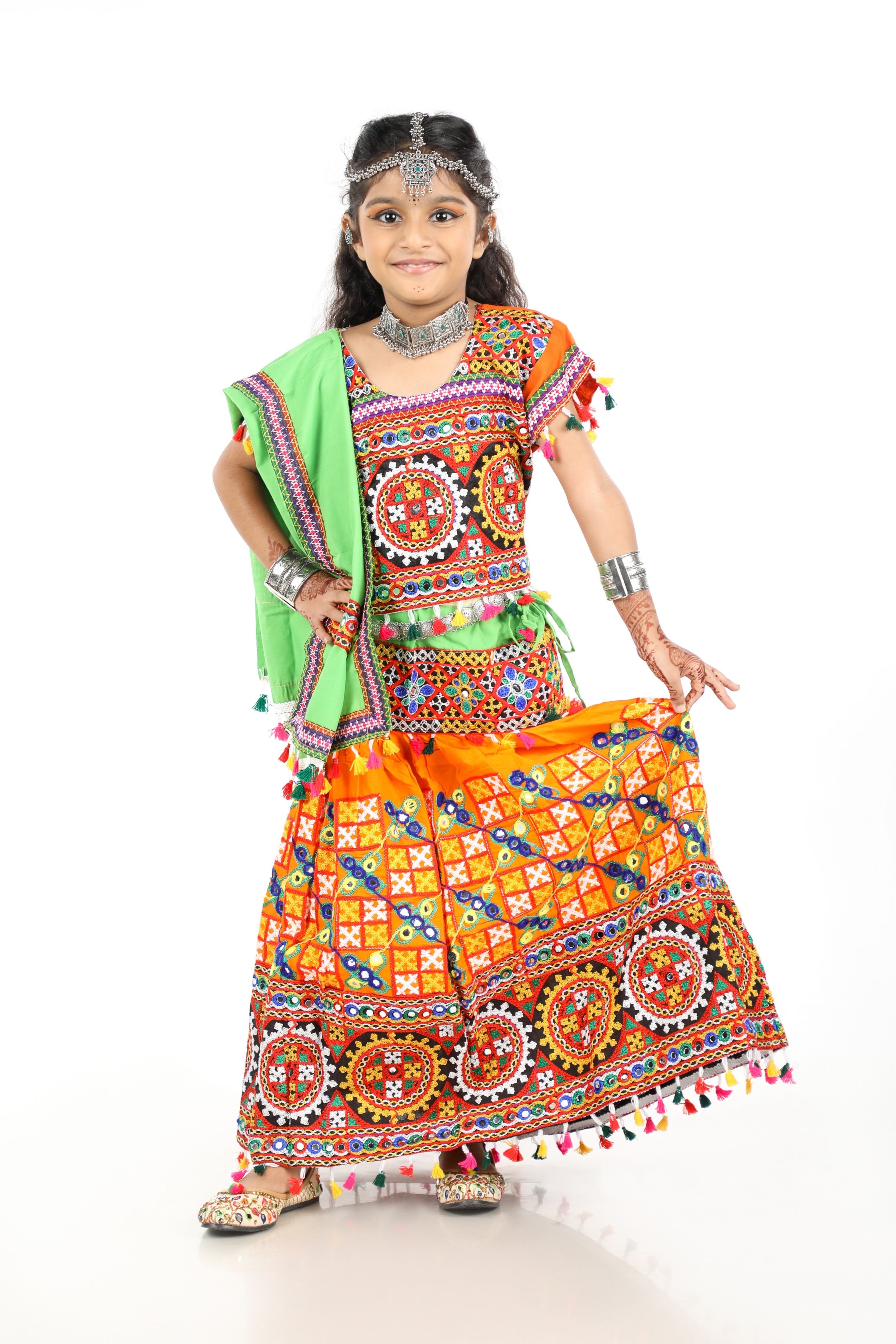 Banjara India Kutchi Embroidered Orange Girls Chaniya Choli with Dupatta (CC1-BWR) - Orange