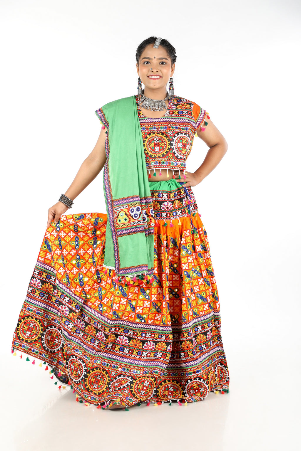 Banjara India Cotton Long Flair Aari Embroidery Kutch Work (Lehenga Choli) Chaniya Choli Set with Dupatta -(CC-BWR-Orange)