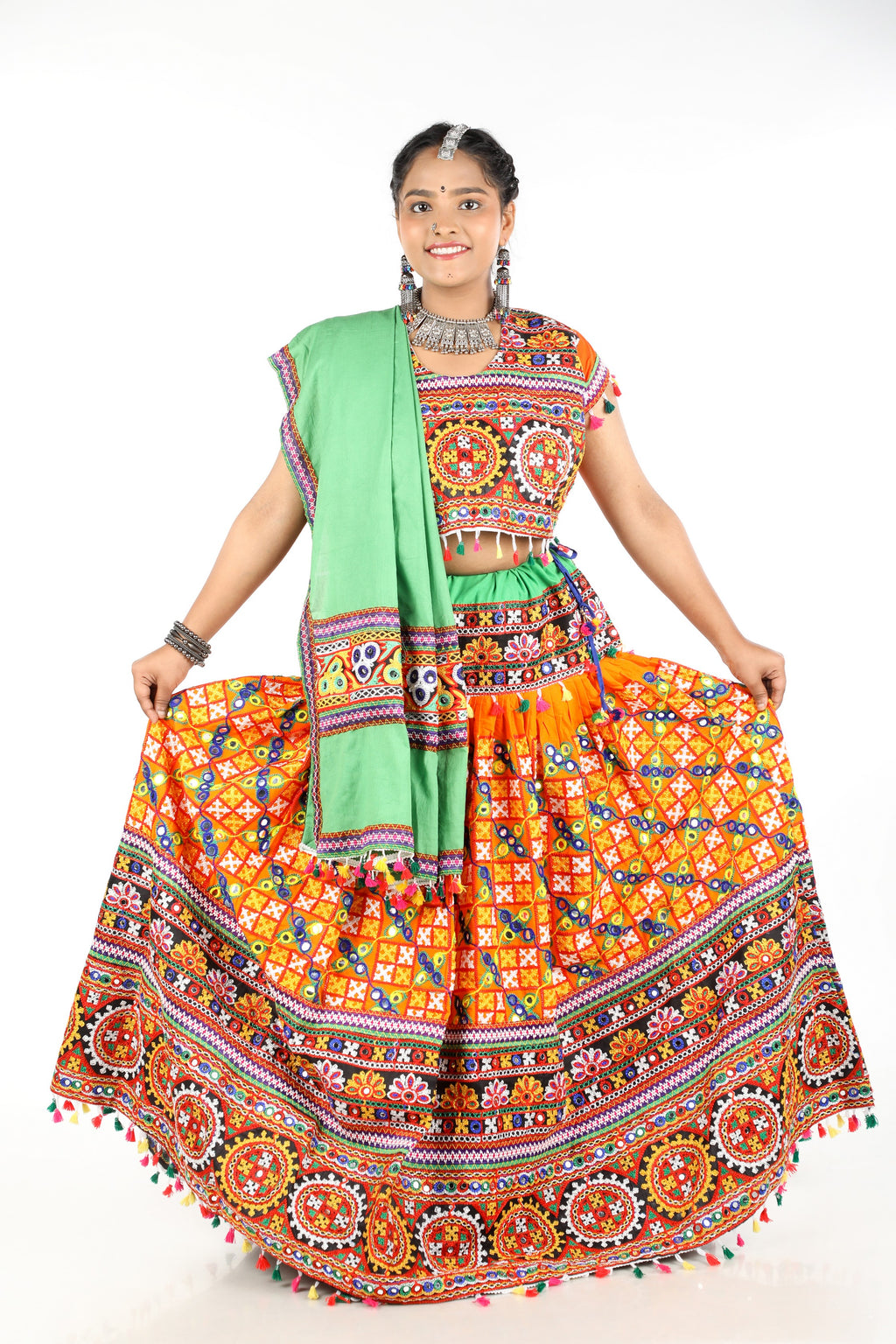 Banjara India Cotton Long Flair Aari Embroidery Kutch Work (Lehenga Choli) Chaniya Choli Set with Dupatta -(CC-BWR-Orange)