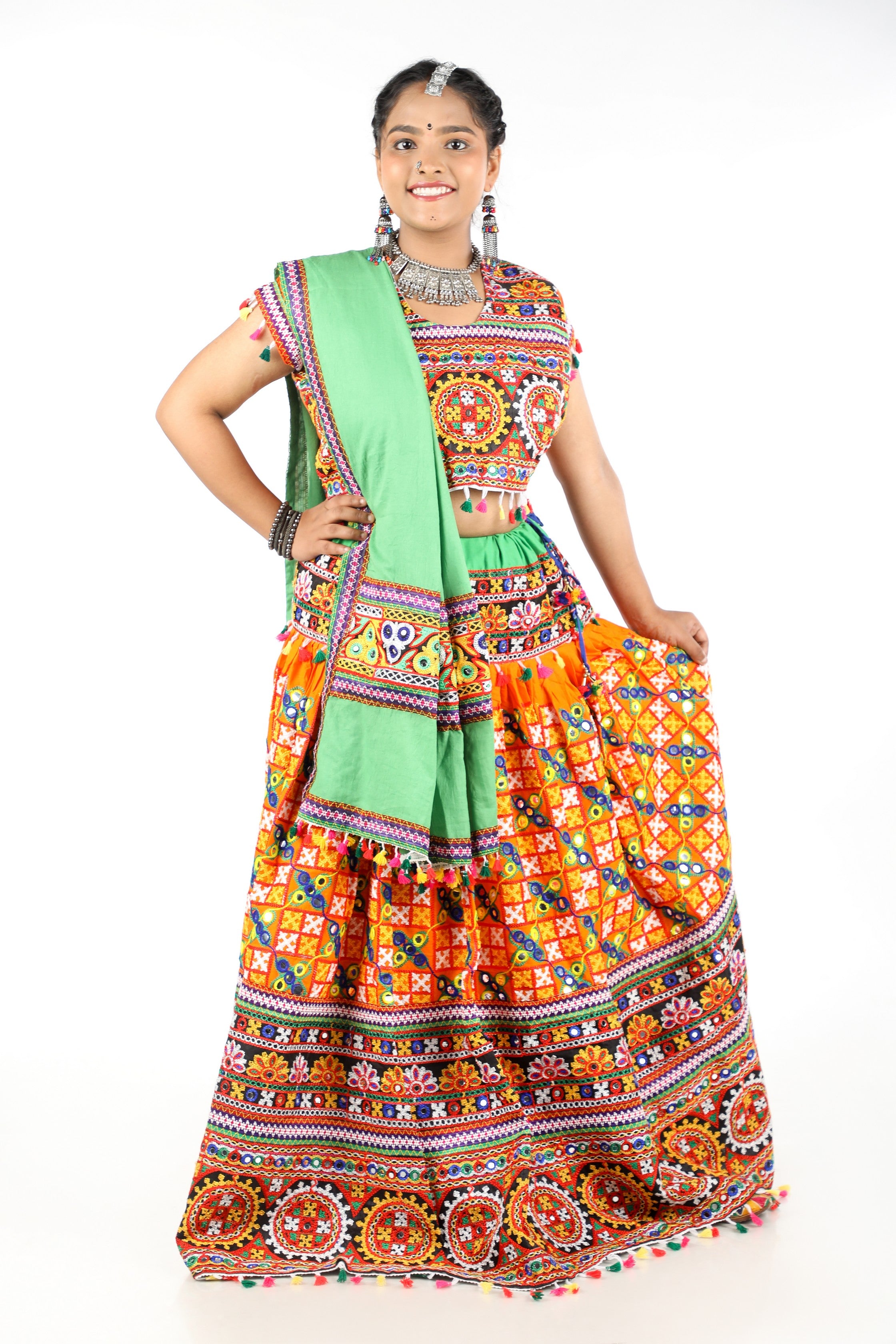 Banjara India Cotton Long Flair Aari Embroidery Kutch Work (Lehenga Choli) Chaniya Choli Set with Dupatta -(CC-BWR-Orange)