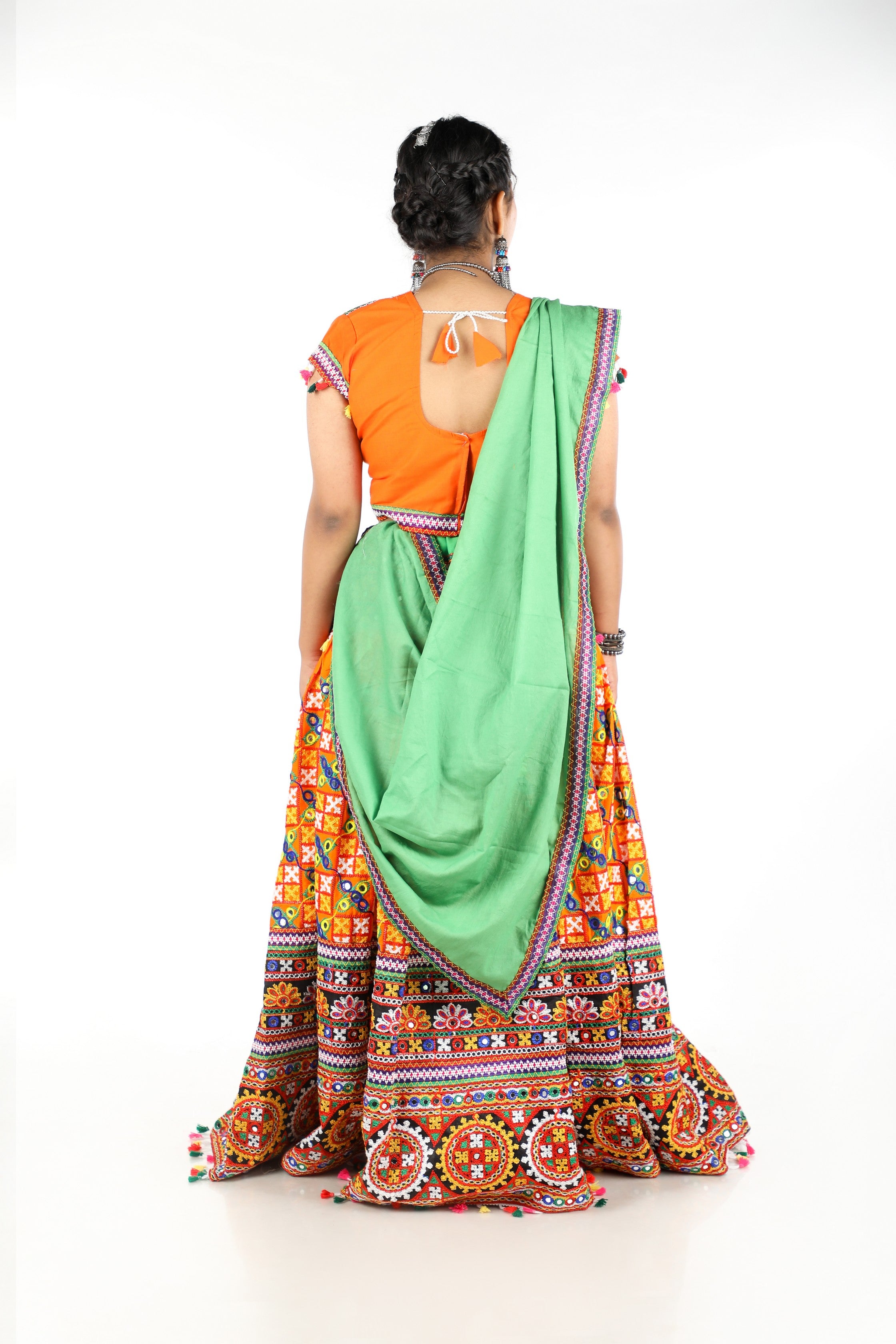 Banjara India Cotton Long Flair Aari Embroidery Kutch Work (Lehenga Choli) Chaniya Choli Set with Dupatta -(CC-BWR-Orange)