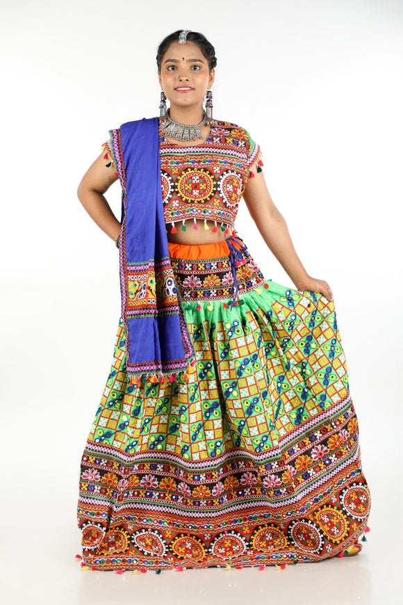 Banjara India Cotton Long Flair Aari Embroidery Kutch Work (Lehenga Choli) Chaniya Choli Set with Dupatta -(CC-BWR-Green)