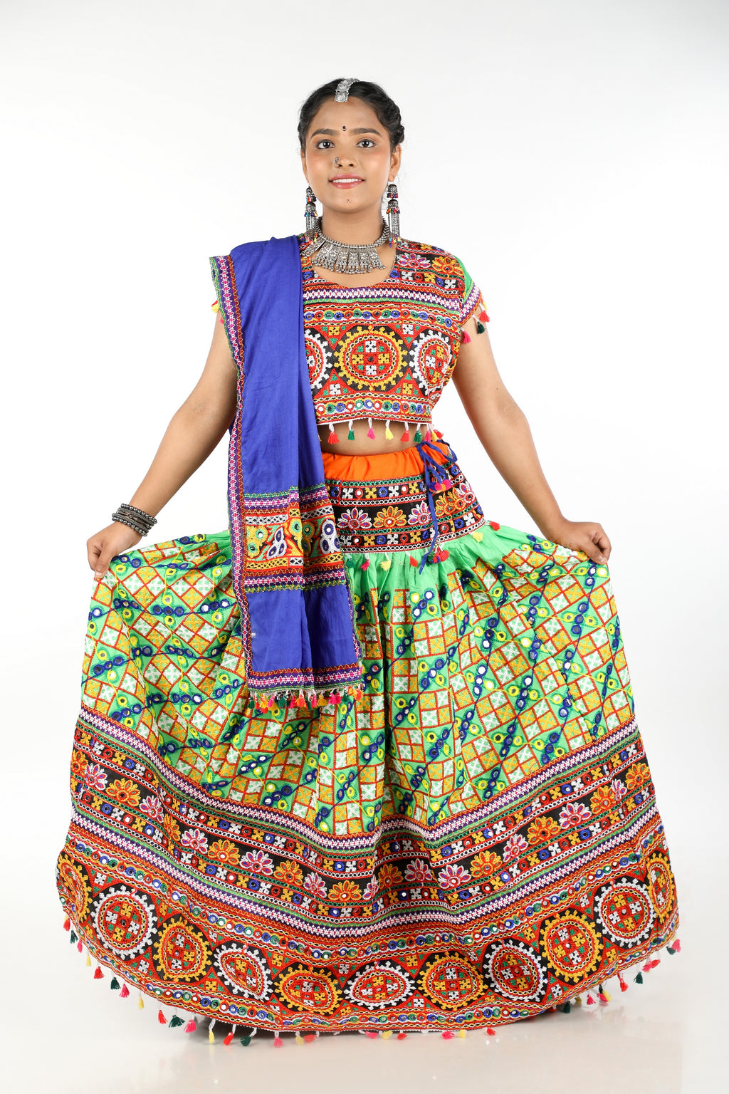 Banjara India Cotton Long Flair Aari Embroidery Kutch Work (Lehenga Choli) Chaniya Choli Set with Dupatta -(CC-BWR-Green)
