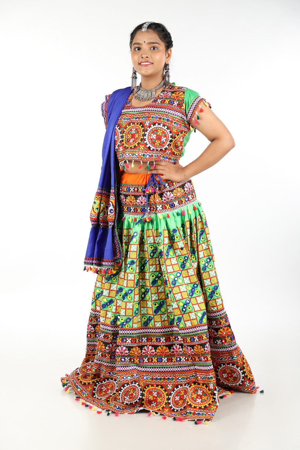 Banjara India Cotton Long Flair Aari Embroidery Kutch Work (Lehenga Choli) Chaniya Choli Set with Dupatta -(CC-BWR-Green)