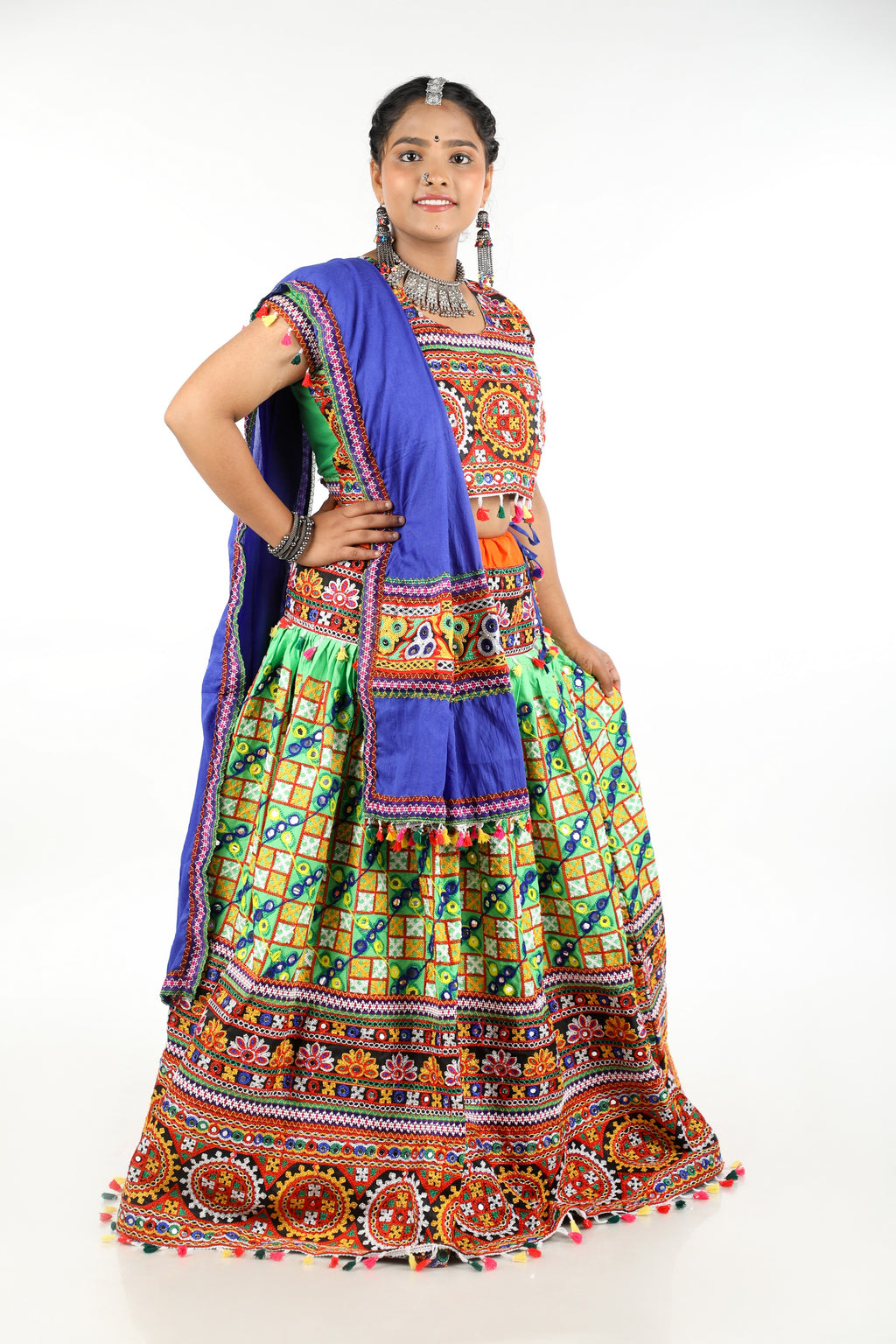 Banjara India Cotton Long Flair Aari Embroidery Kutch Work (Lehenga Choli) Chaniya Choli Set with Dupatta -(CC-BWR-Green)