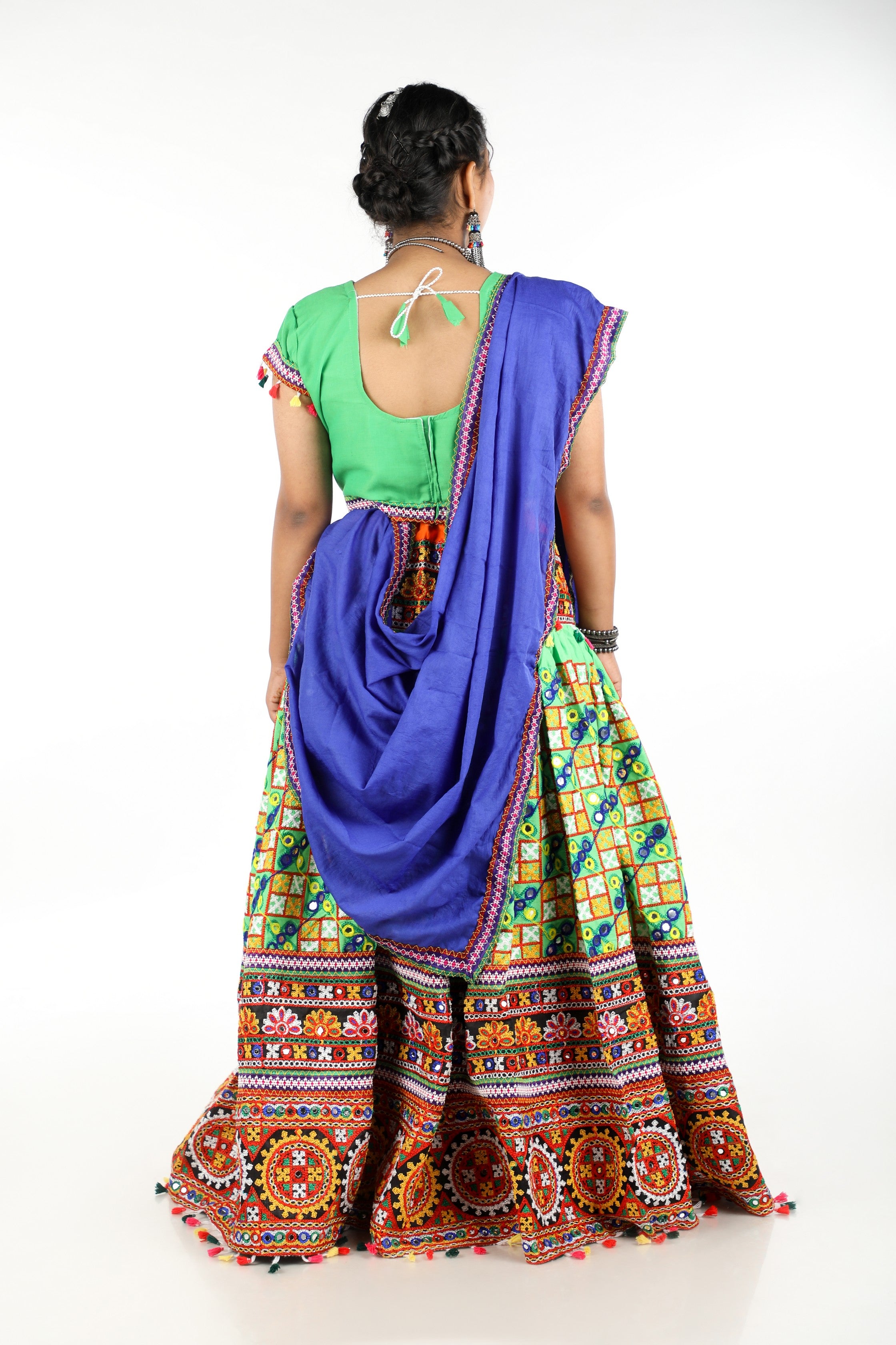 Banjara India Cotton Long Flair Aari Embroidery Kutch Work (Lehenga Choli) Chaniya Choli Set with Dupatta -(CC-BWR-Green)