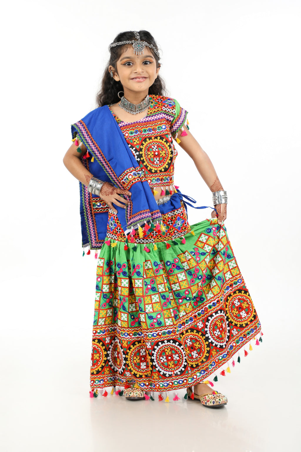 Banjara India Kutchi Embroidered Green Girls Chaniya Choli with Dupatta (CC1-BWR) - Green