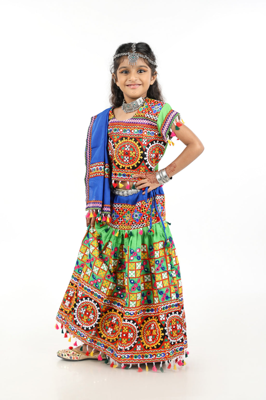 Banjara India Kutchi Embroidered Green Girls Chaniya Choli with Dupatta (CC1-BWR) - Green