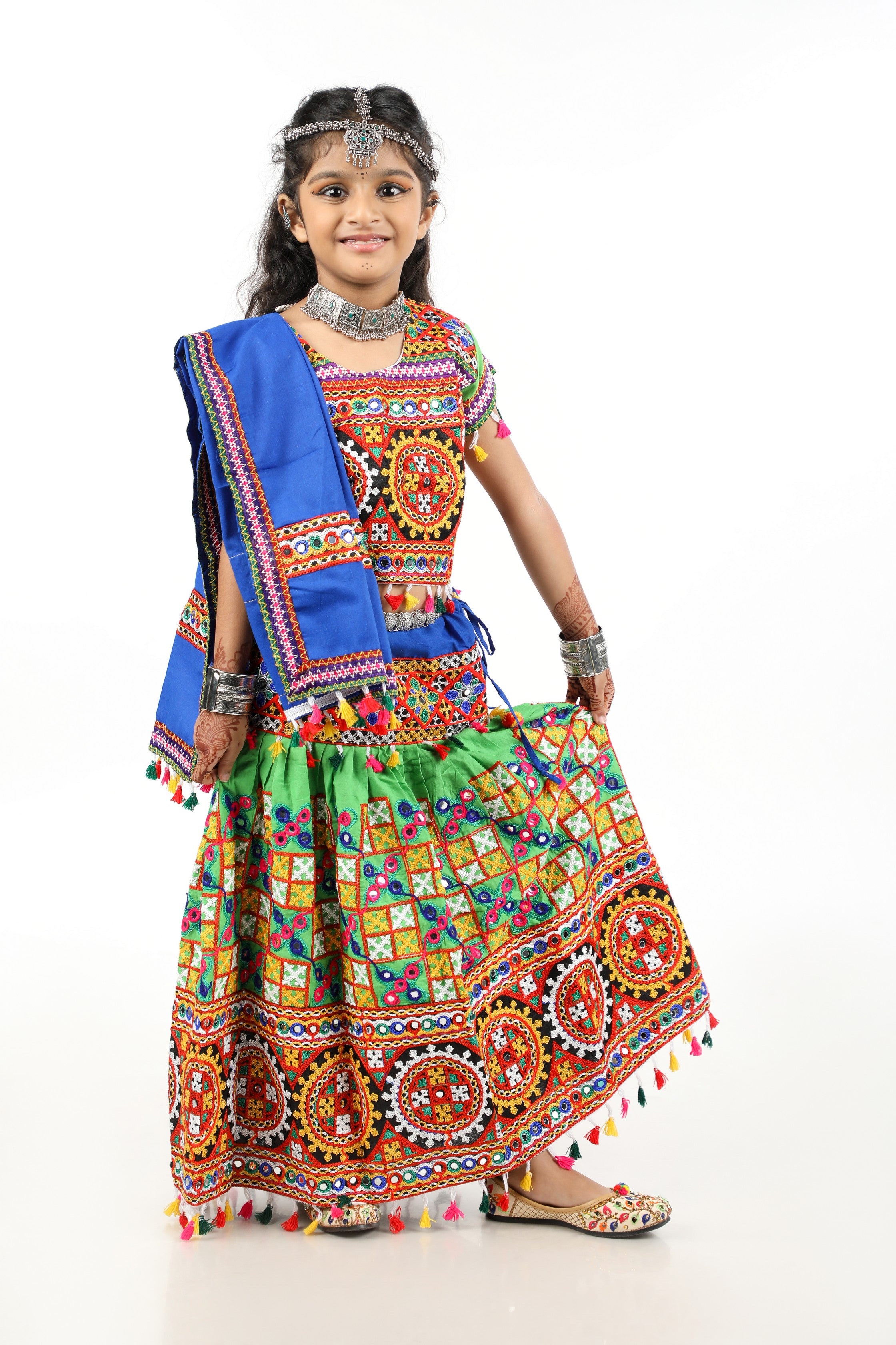 Banjara India Kutchi Embroidered Green Girls Chaniya Choli with Dupatta (CC1-BWR) - Green