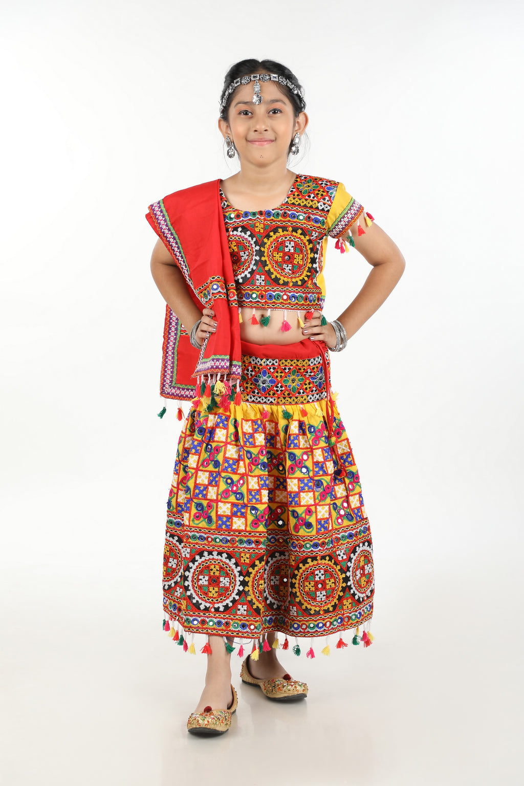 Banjara India Kutchi Embroidered Yellow Girls Chaniya Choli with Dupatta (CC1-BWR) - Yellow