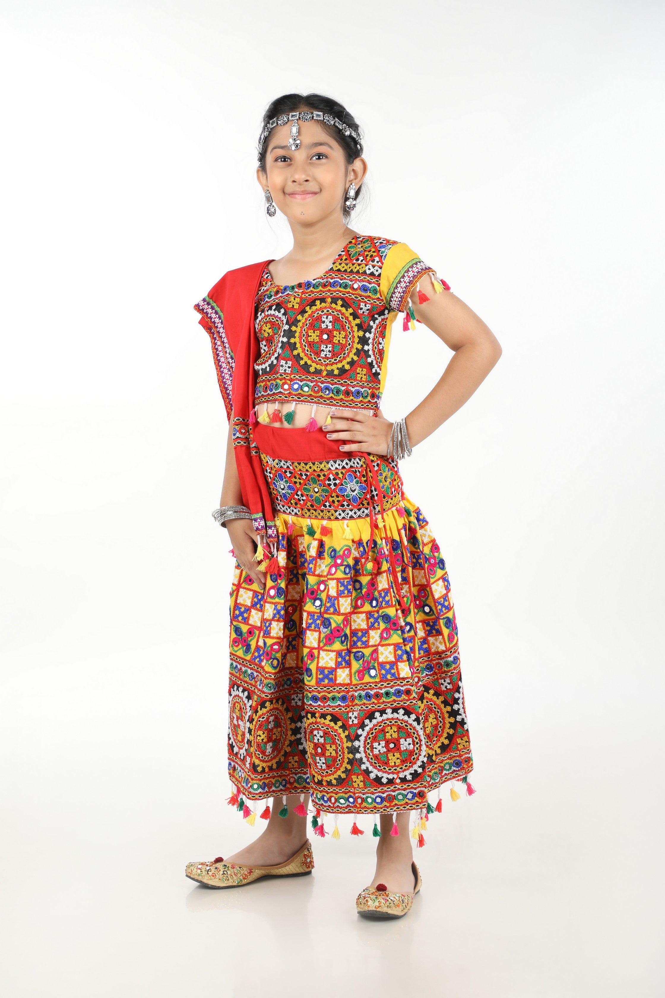 Banjara India Kutchi Embroidered Yellow Girls Chaniya Choli with Dupatta (CC1-BWR) - Yellow