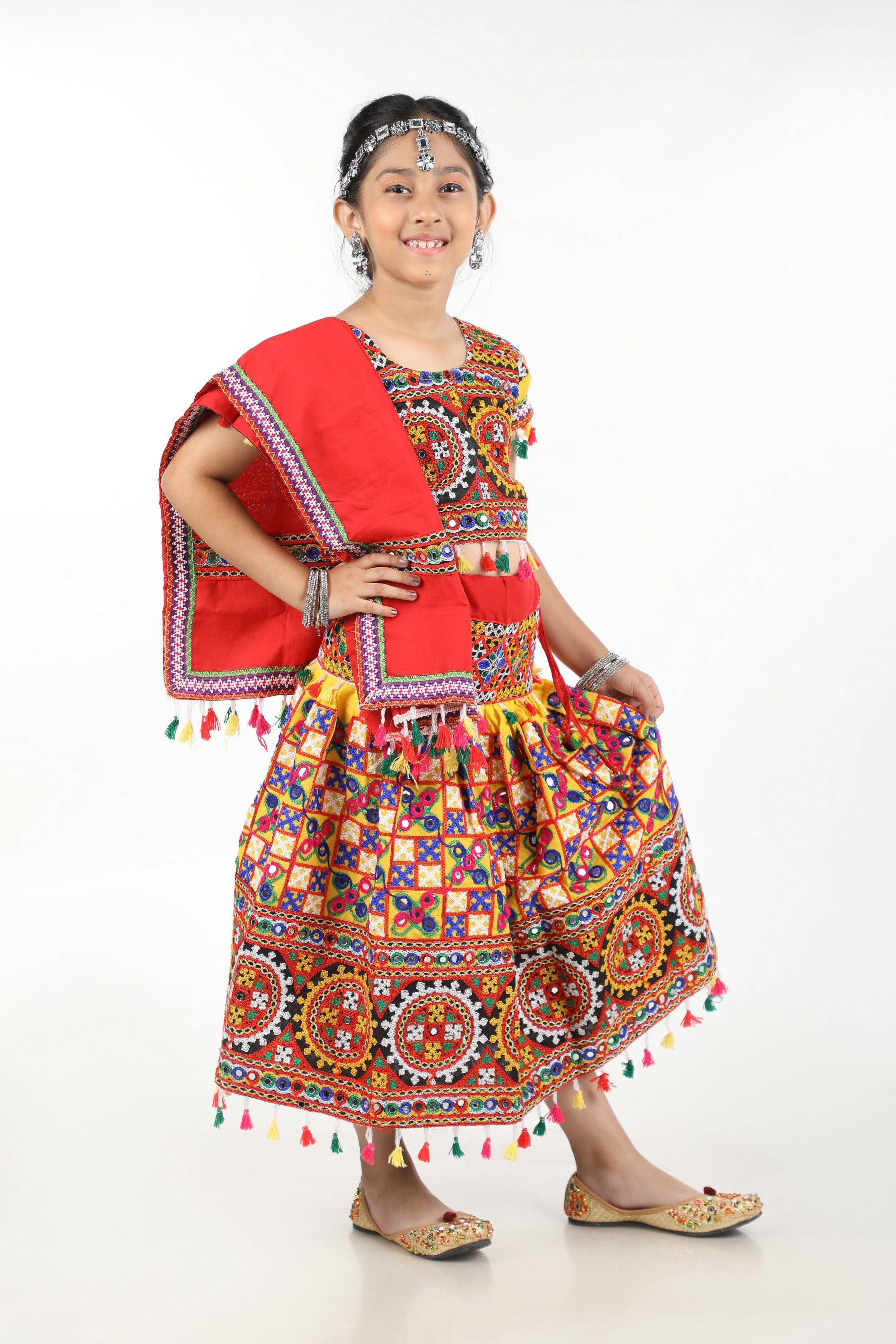 Banjara India Kutchi Embroidered Yellow Girls Chaniya Choli with Dupatta (CC1-BWR) - Yellow